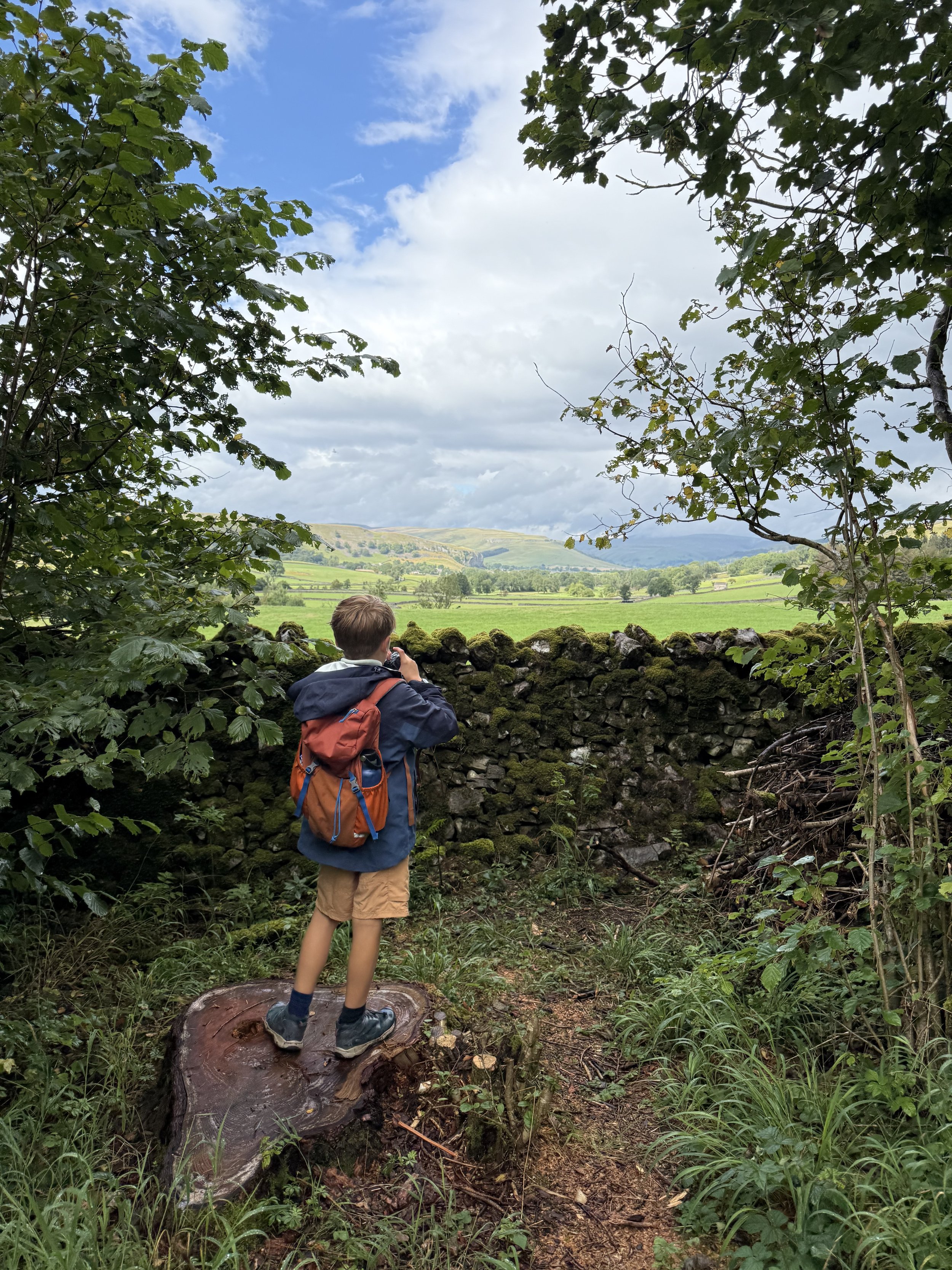 Child looking out over a dry stone wall taking a picture of the view of hills and dales beyond