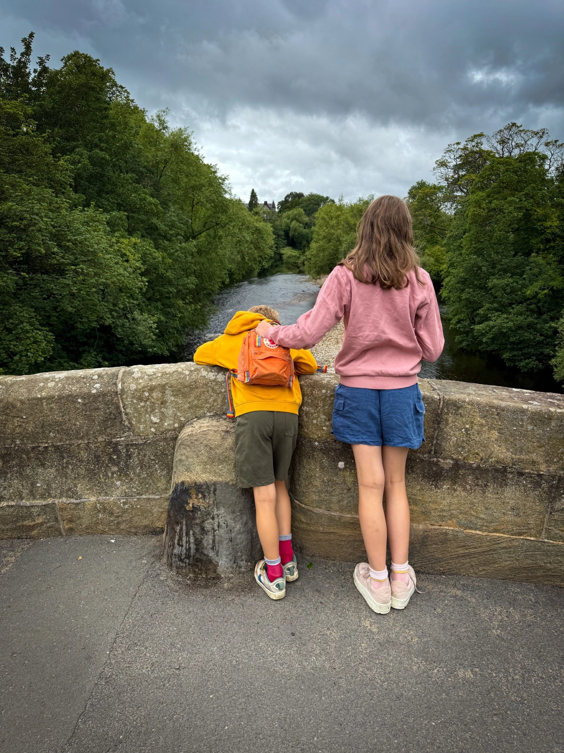 Two children standing on a bridge one leaning over the edge to look at the water with trees