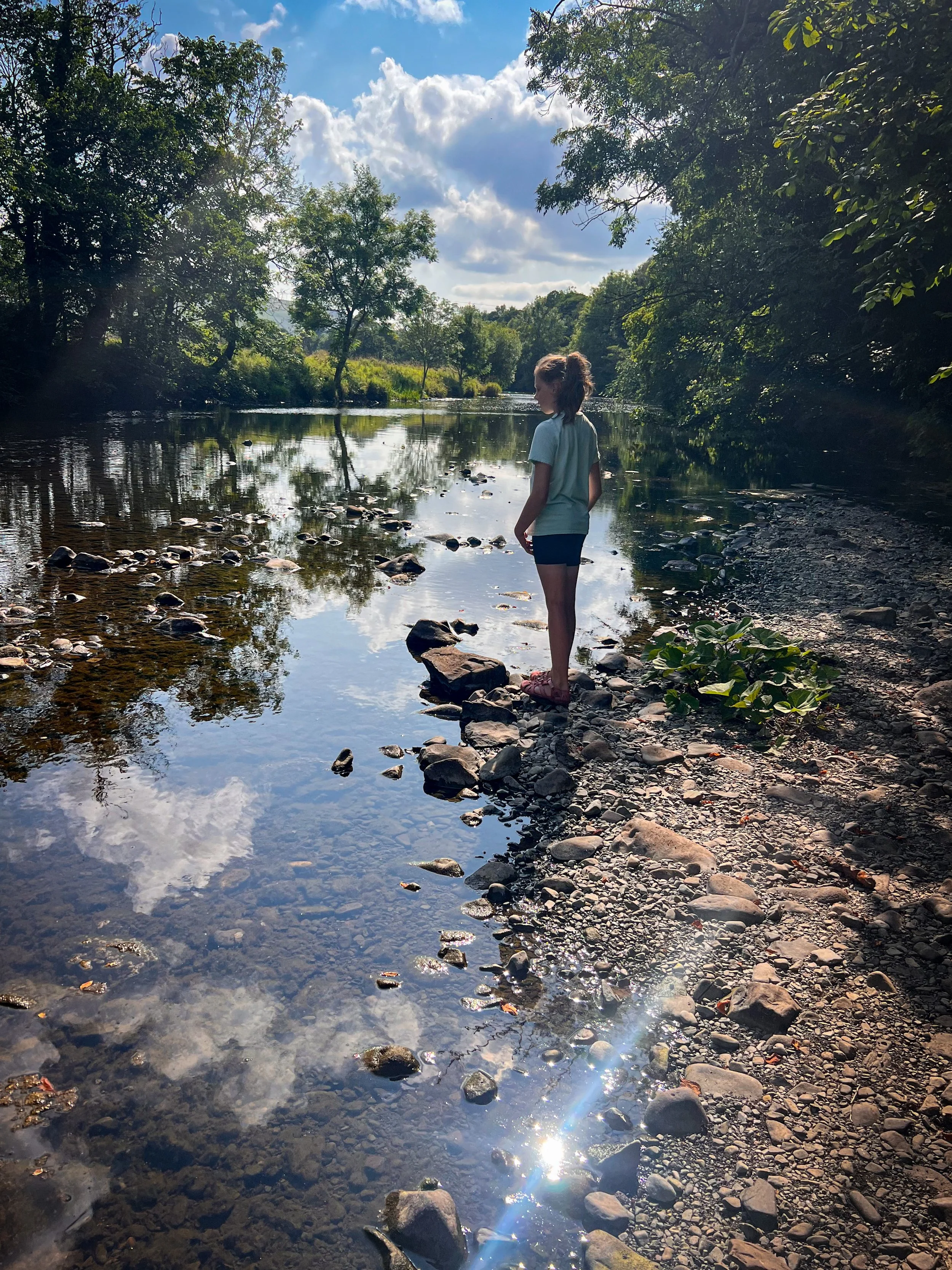 Child standing next to a river under blue sky lined with trees
