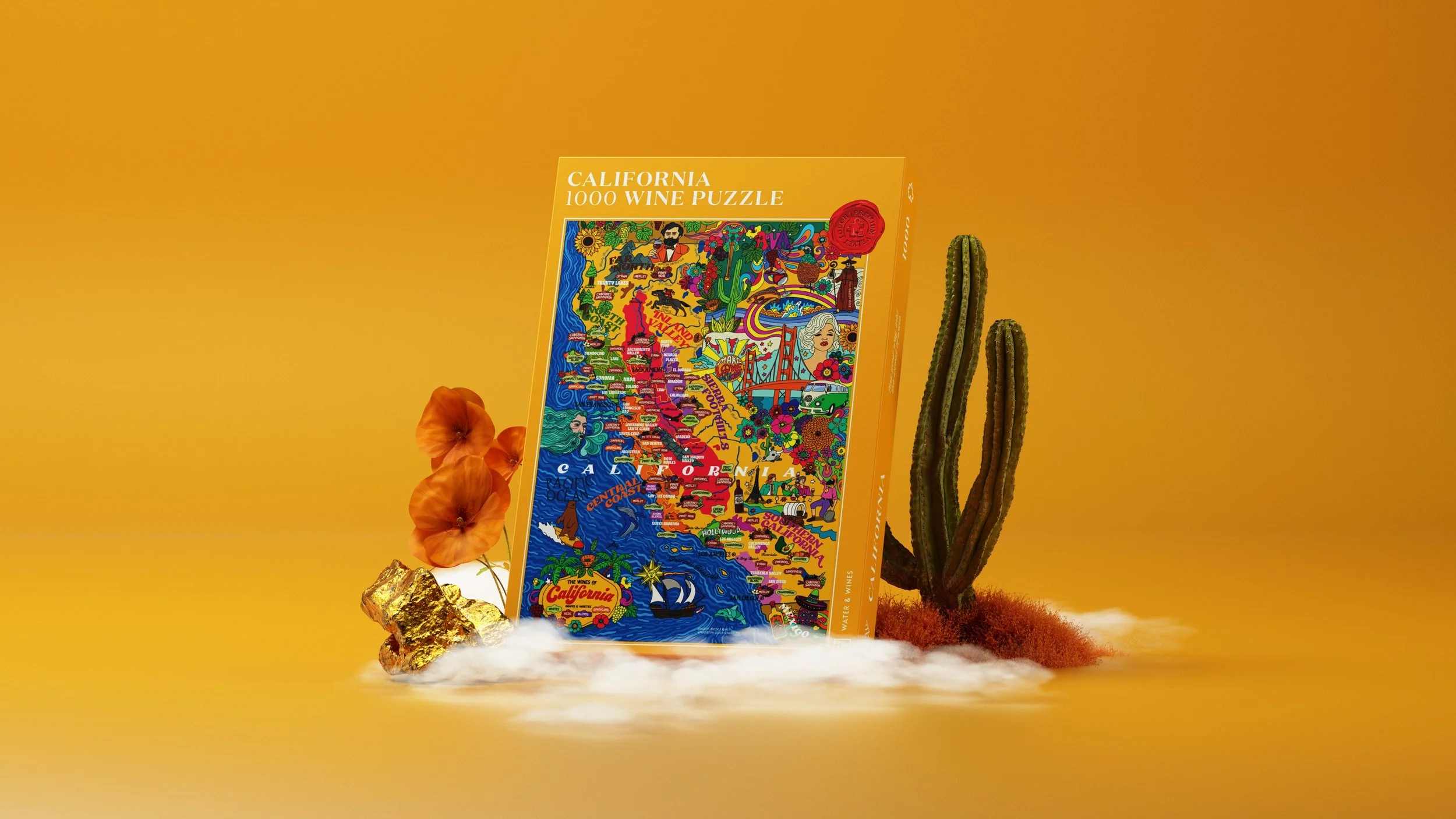 yellow California jigsaw puzzle box surrounded by a cactus, flowers, gold and fog