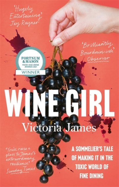 pink Book cover of a hand holding a bunch of grapes by the stem