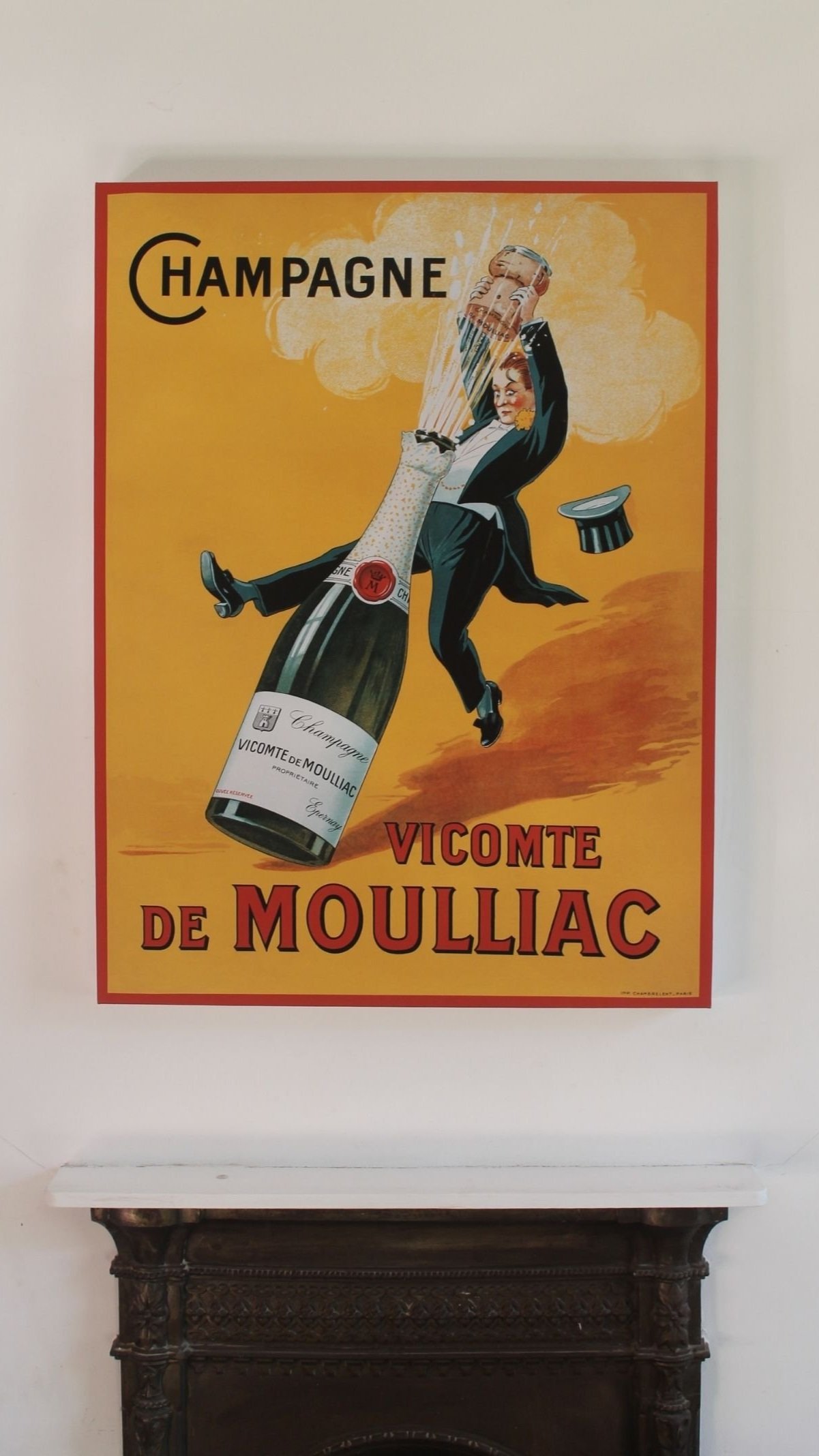 a large Champagne bottle with the cork popping out and a man in formal clothes falling backwards on a bright yellow background