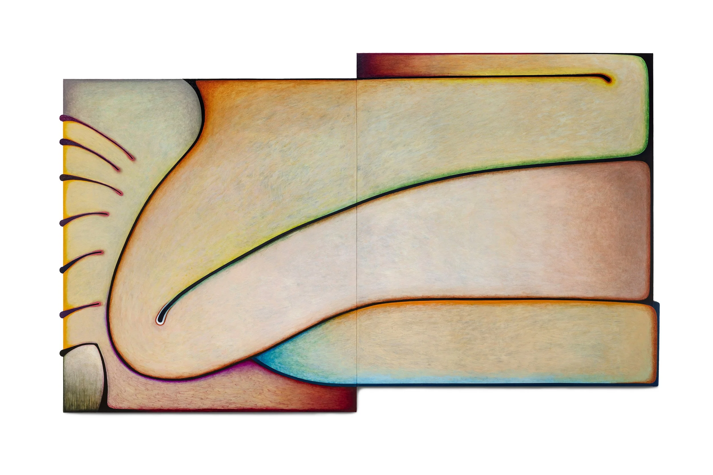 Brechas, distâncias, satélites (nada fica parado por muito tempo), acrylic, charcoal, soft pastel and oil on canvas and wood, 183.5 x 305 cm, 2026