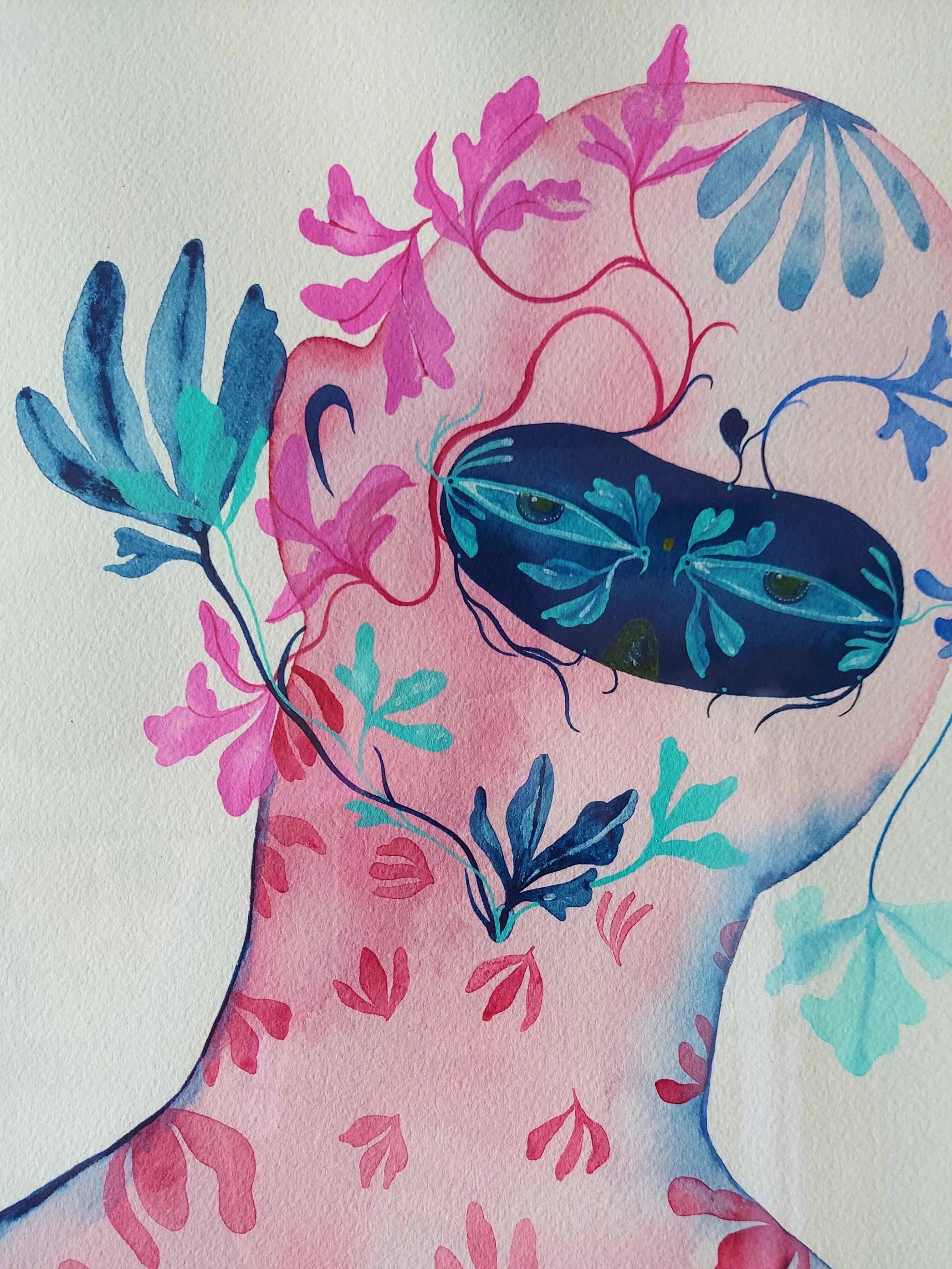 Rose Quartz Visitor, 16''x12'', watercolor, gouache & sumi ink on watercolor paper 