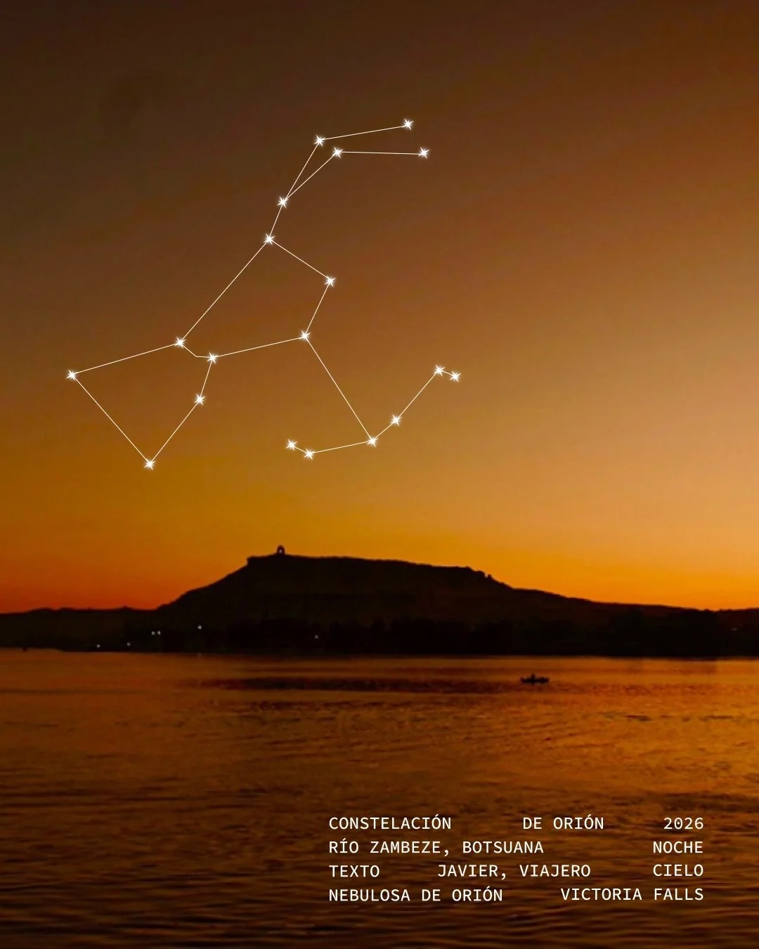 &ldquo;Ese d&iacute;a comenz&oacute; junto al r&iacute;o Zambeze, el r&iacute;o de las mil fronteras.

Un atardecer calmo, casi inm&oacute;vil, antes de que el agua se quiebre en las cataratas y el mundo vuelva a rugir. Hab&iacute;a aves, animales, v