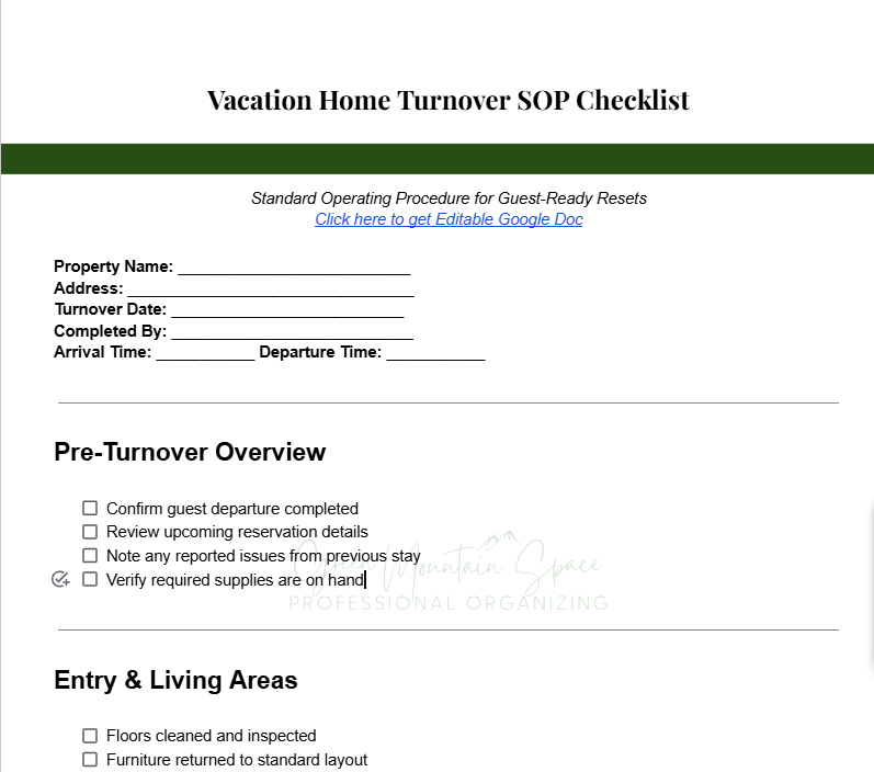 Free Editable Vacation Home and Short Term Rental Turnover Checklist Instant Download