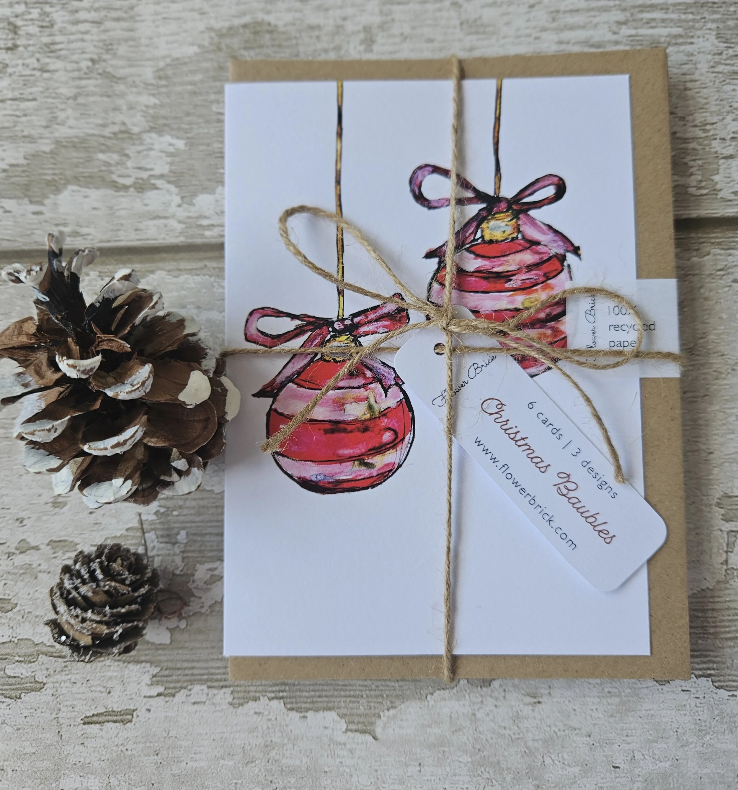 6 Pack A6 100% Recycled "Christmas Baubles" Greeting Cards