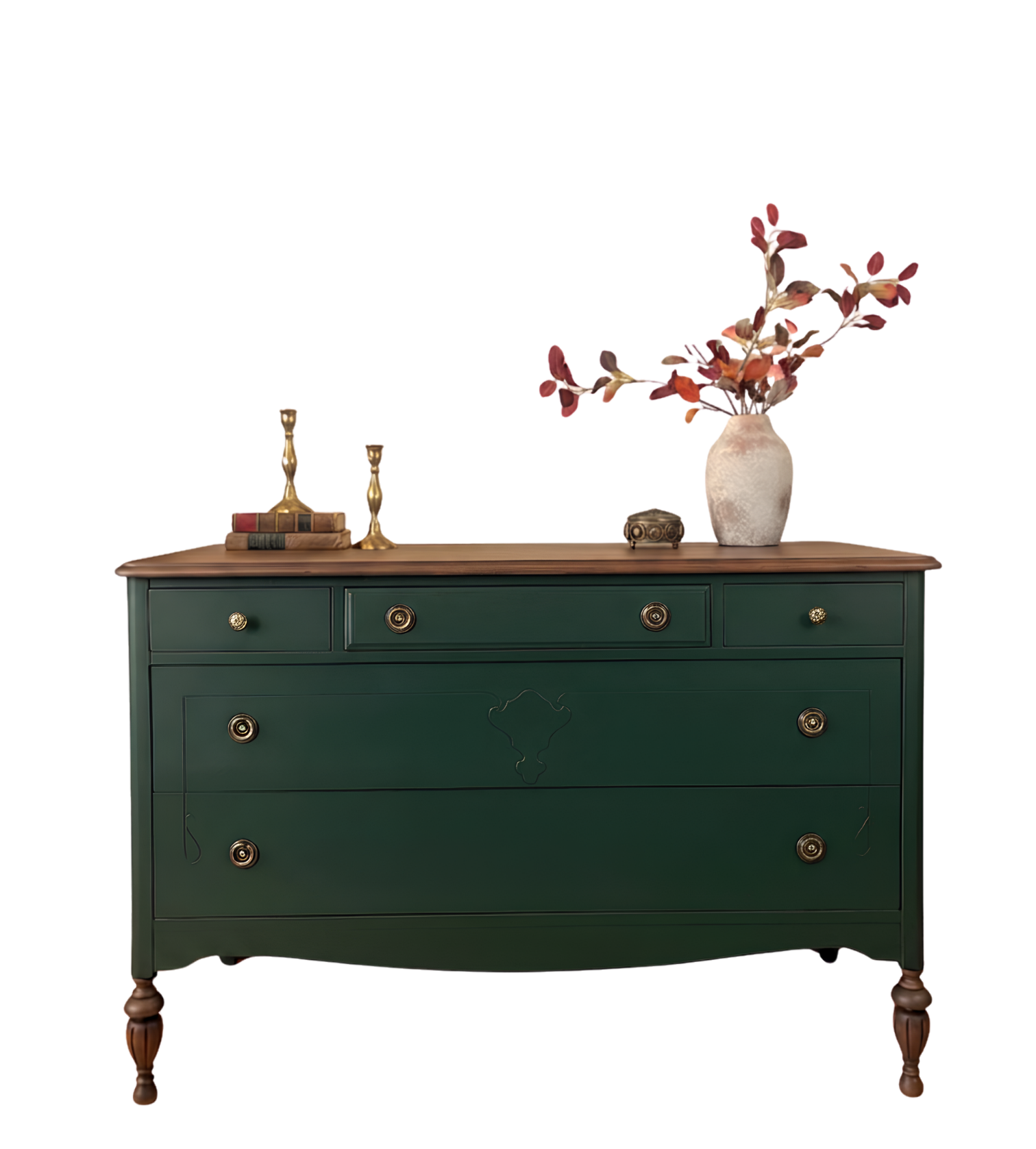Bracken by Melange Paints a deep forest green furniture paint color on a vintage dresser.