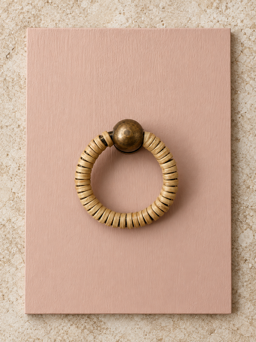 Sophie’s Pink blush rose furniture paint color sample with wicker ring hardware.