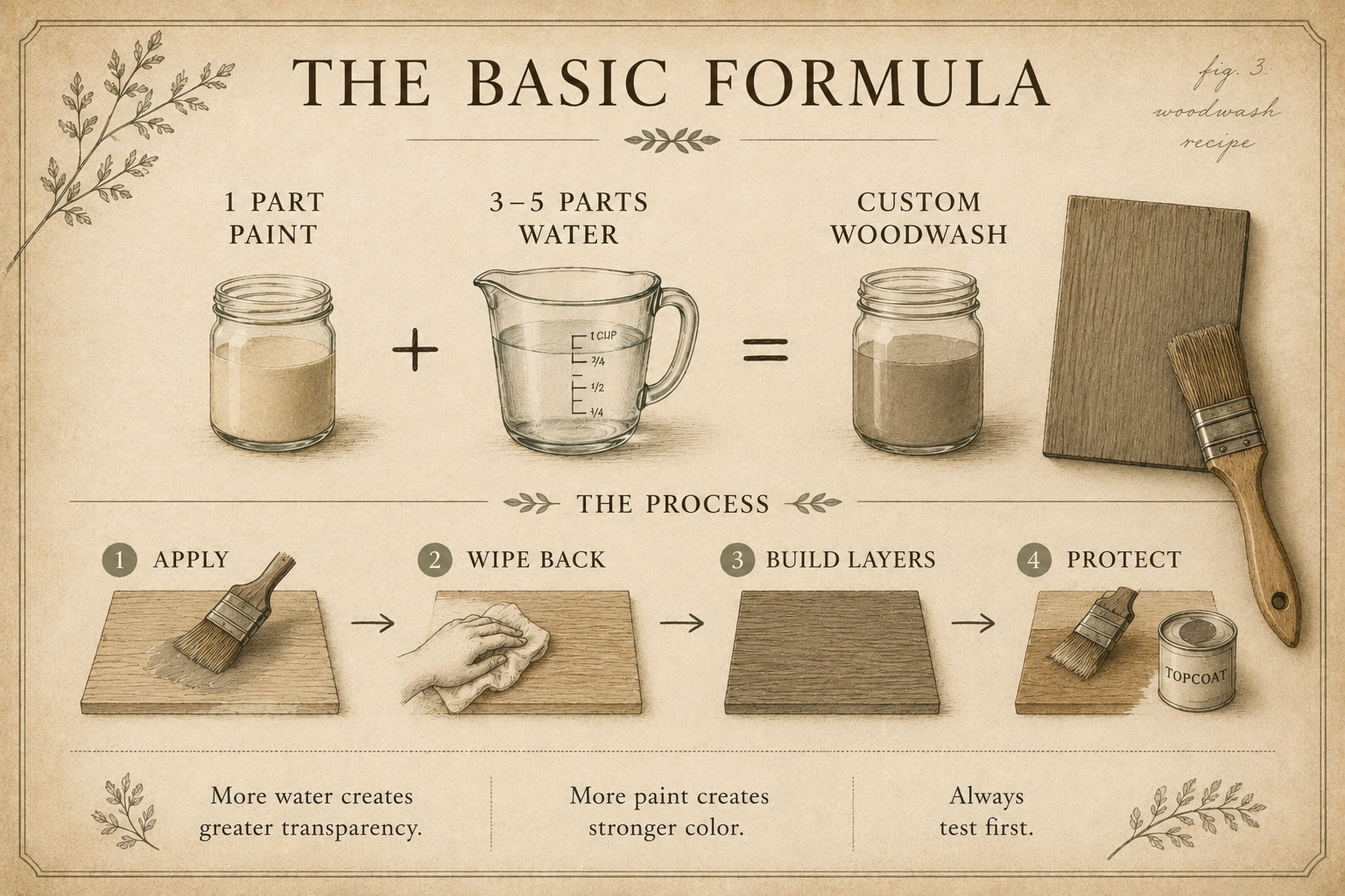 Woodwashing recipe showing one part paint mixed with three to five parts water to create a translucent wood stain effect.