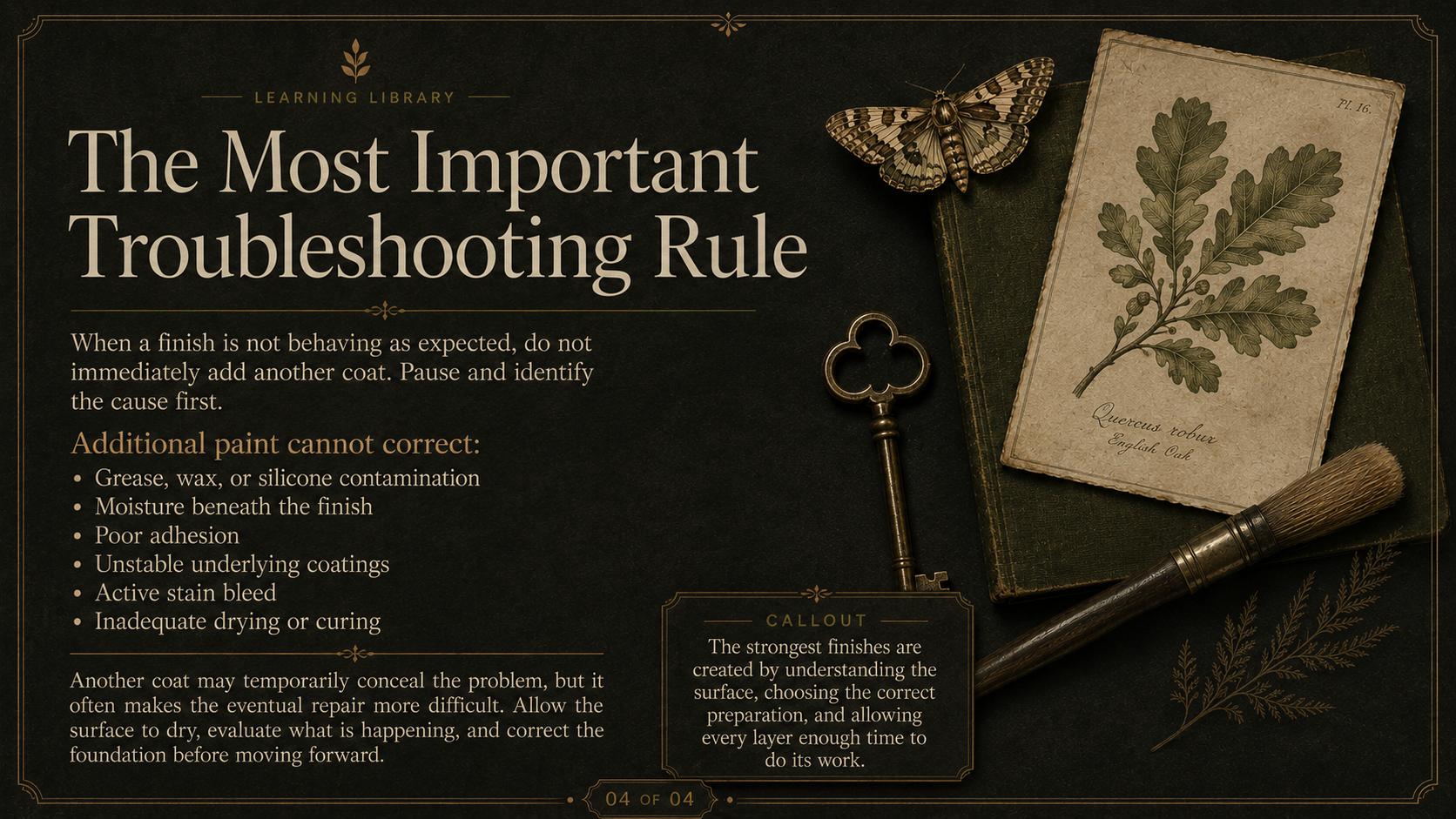 A vintage decorative sign with instructions on troubleshooting paint finishes, featuring a butterfly, an oak leaf botanical illustration, a key, a book, and a paintbrush.