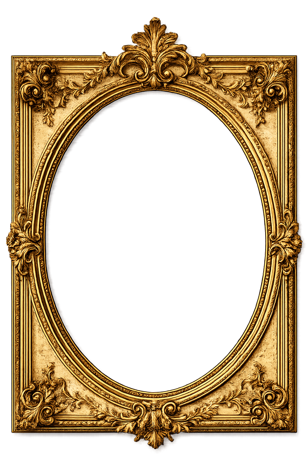 An ornate, gold-colored, rococo-style picture frame with intricate floral and scroll details, shaped like an oval, set against a plain background.