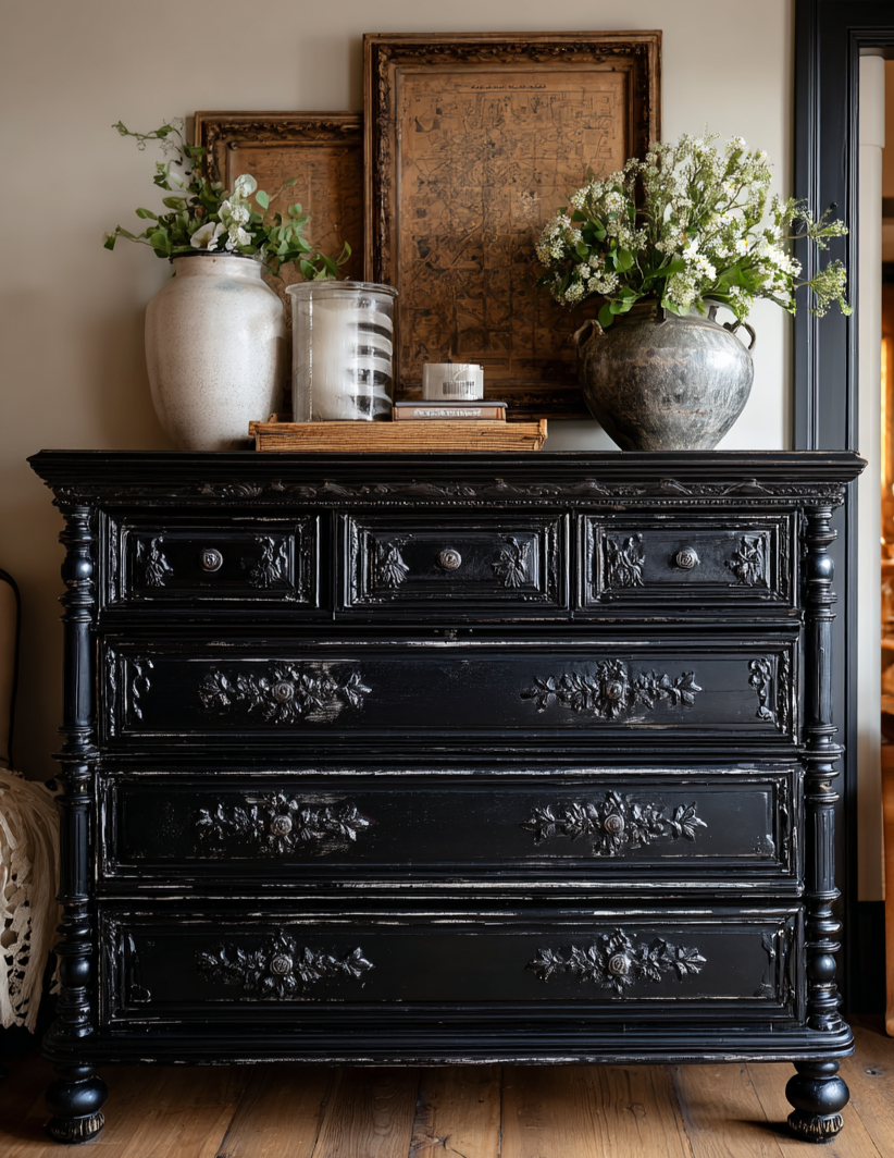 Vintage dresser painted in Primeval by Melange Paints, a classic black with a softened edge.