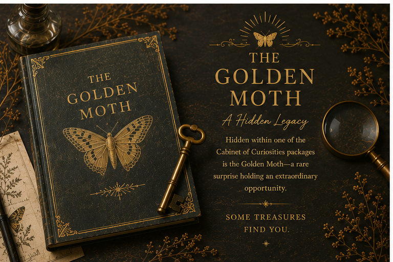 A decorative book titled 'The Golden Moth' with a butterfly illustration on the cover, a small vintage key, a magnifying glass, and some old papers and golden foliage around it, all on a dark wooden surface.