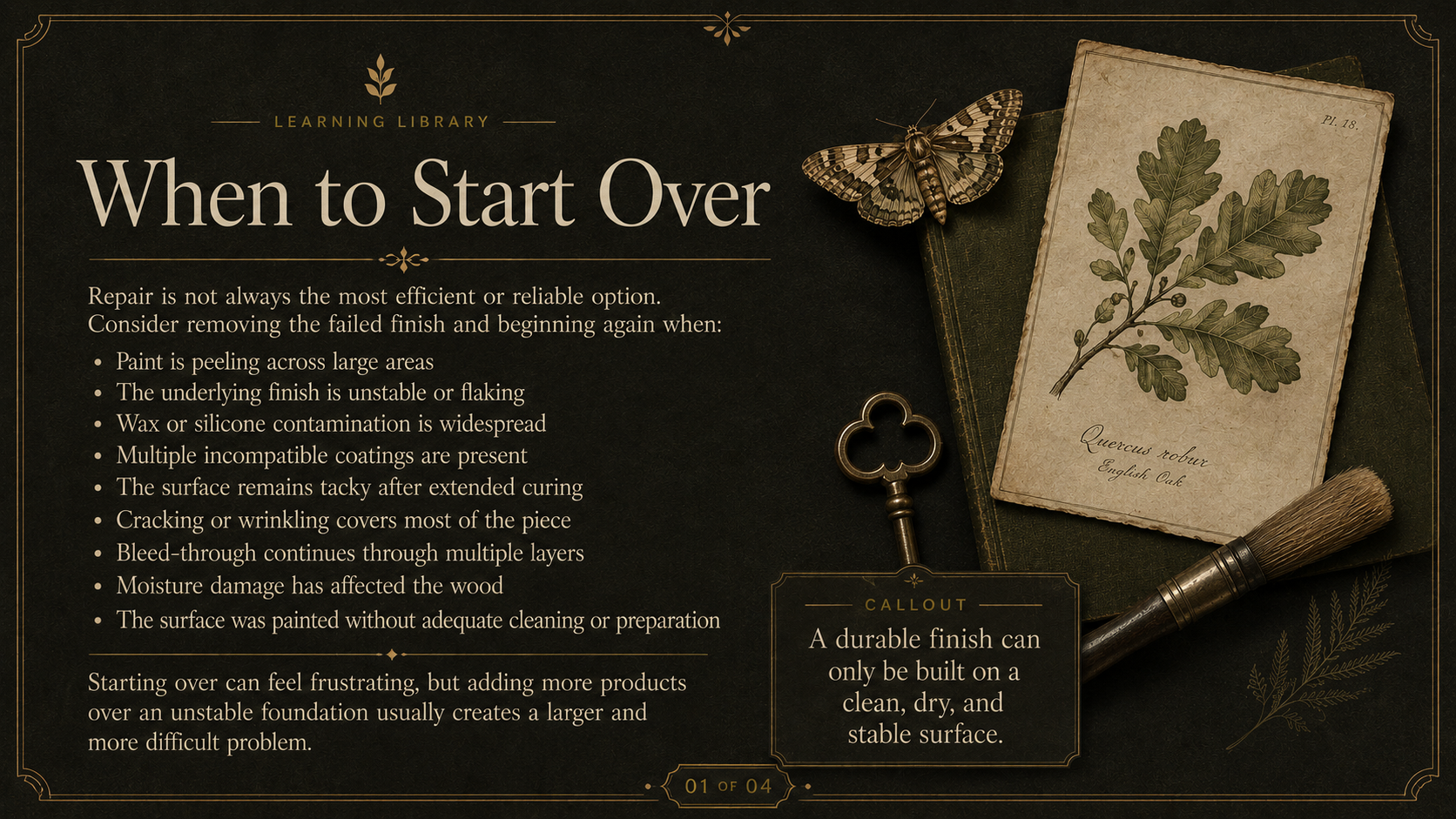 A decorative educational poster with a dark background titled 'When to Start Over' from a learning library, featuring a botanical illustration of an English oak leaf and acorn, an antique key, a brush, and a leaf sketch. The poster discusses signs to