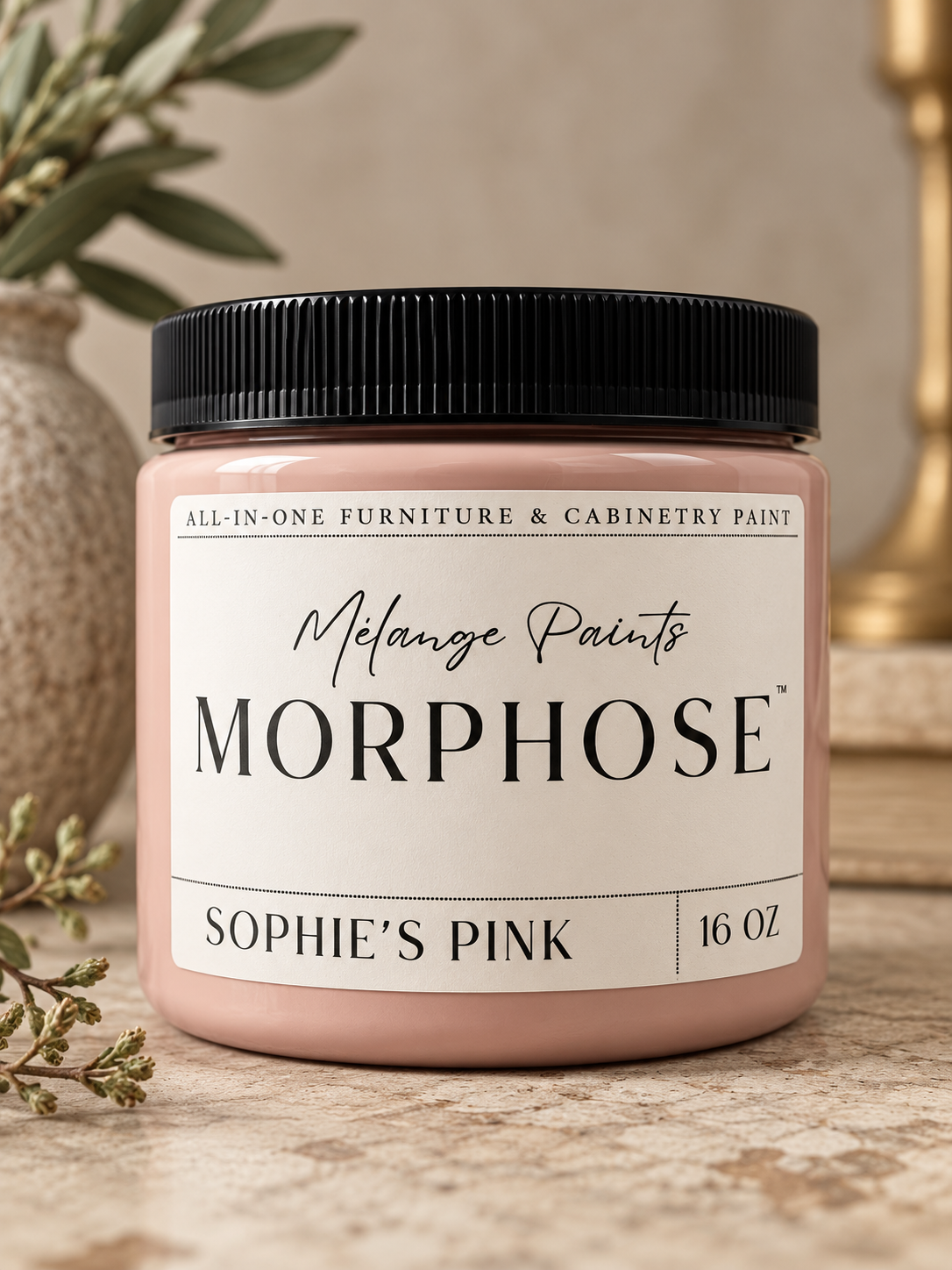 Sophie’s Pink muted blush pink MORPHOSE furniture and cabinetry paint, 16 oz jar by Mélange Paints.