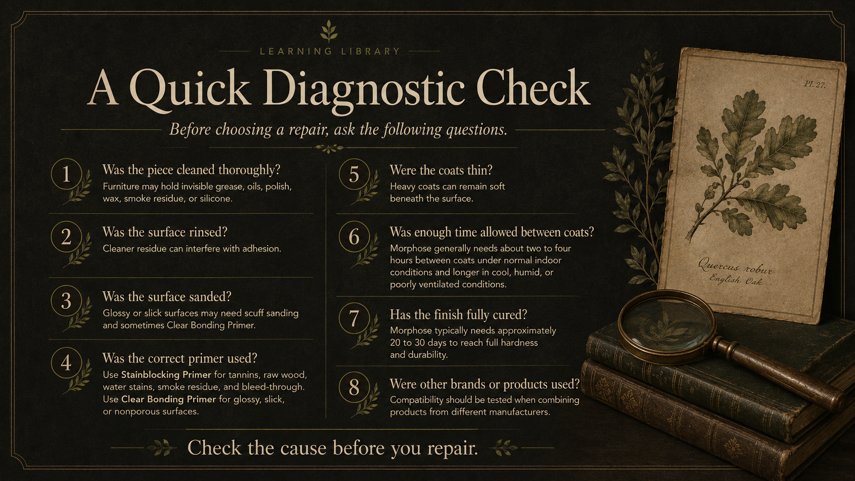 A dark, vintage-style informational graphic titled 'A Quick Diagnostic Check' with eight numbered questions about furniture repair, a botanical illustration of oak leaves on a card titled 'Quercus robur' with 'English Oak' written underneath, a magni