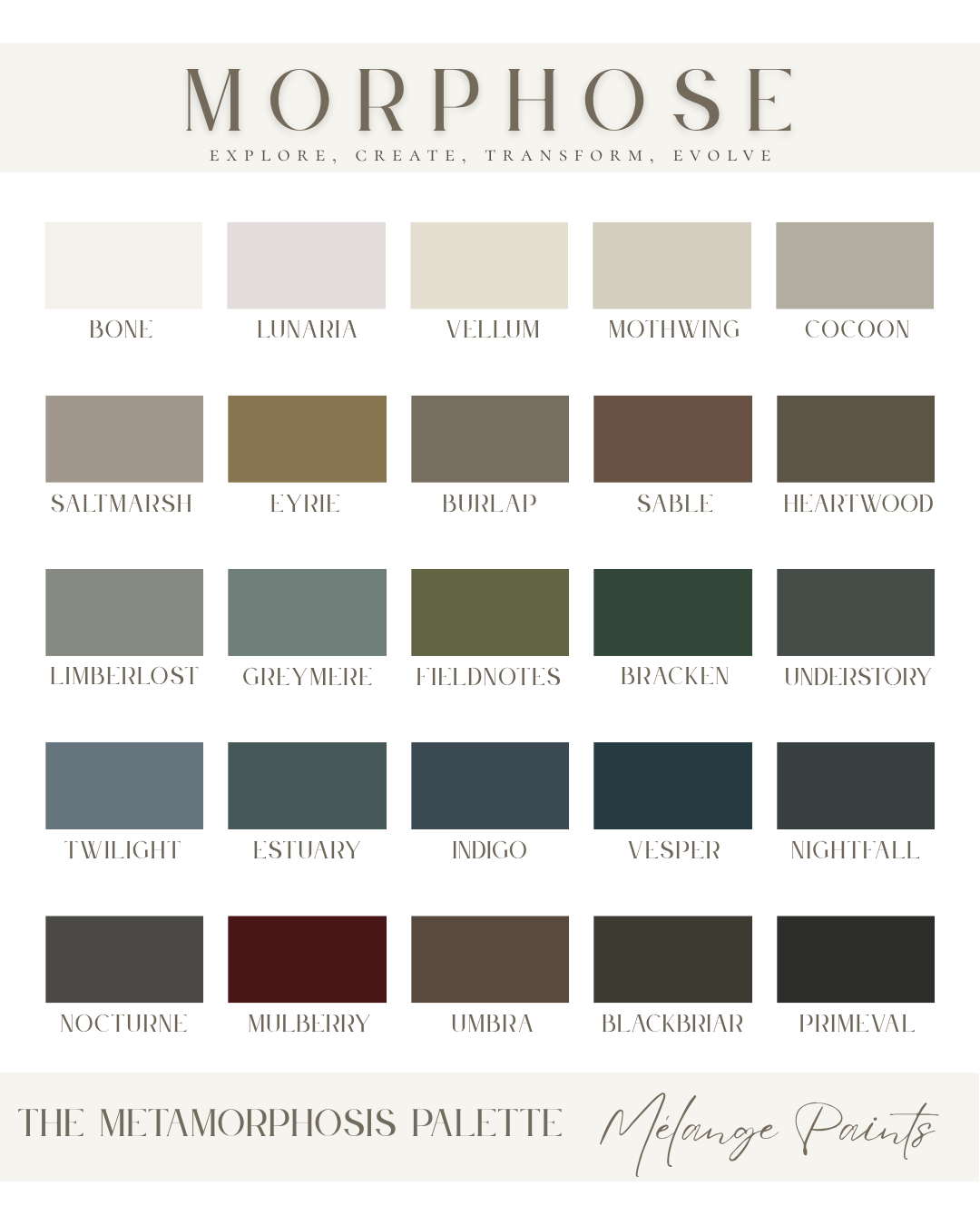 The Metamorphosis Palette by Mélange Paints featuring 25 curated furniture paint colors including Bone, Lunaria, Vellum, Mothwing, Cocoon, Heartwood, Fieldnotes, Bracken, Indigo, Vesper, Umbra, Blackbriar, and Primeval.