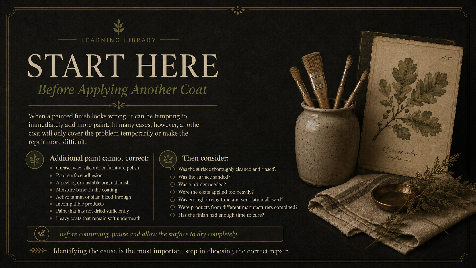 Instructions for properly preparing painted surfaces, including considerations for cleaning, sanding, priming, and drying, accompanied by a collection of paintbrushes, a ceramic vase, a botanical print, a bowl, and cloths with foliage.