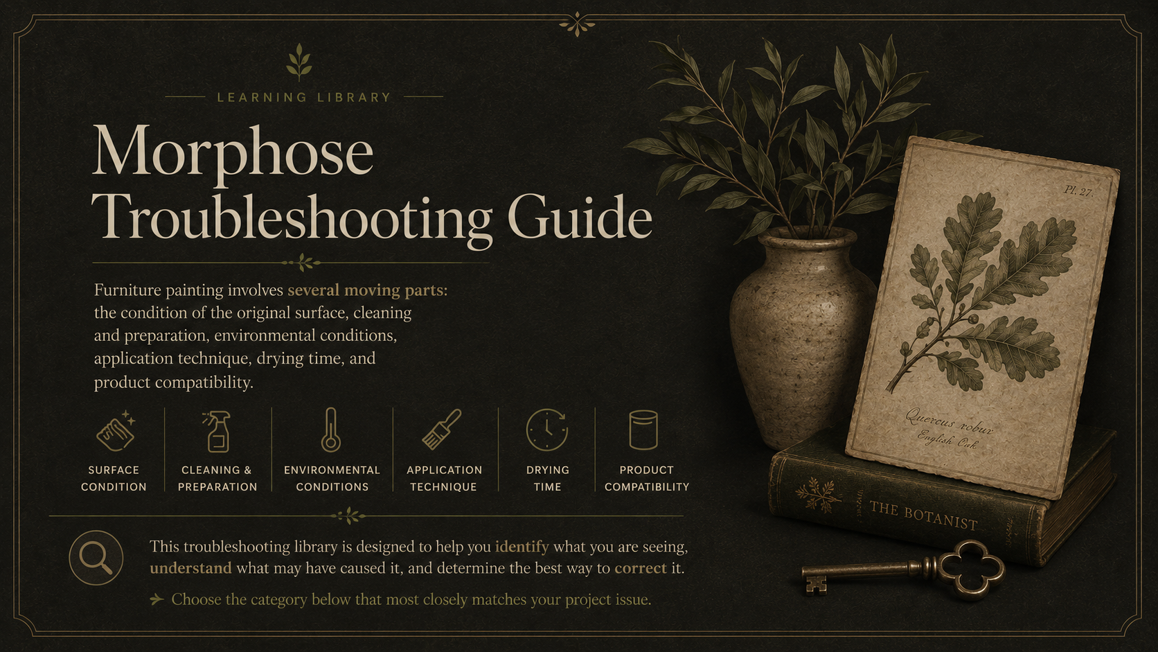 A dark-themed educational graphic titled 'Morphose Troubleshooting Guide' from a learning library. It features a plant in a stone vase, a botanical drawing of oak leaves labeled 'Querces robur,' a stack of two old books, and a small antique key. The text discusses factors affecting furniture painting, including surface condition, cleaning, environment, application technique, drying time, and product compatibility.