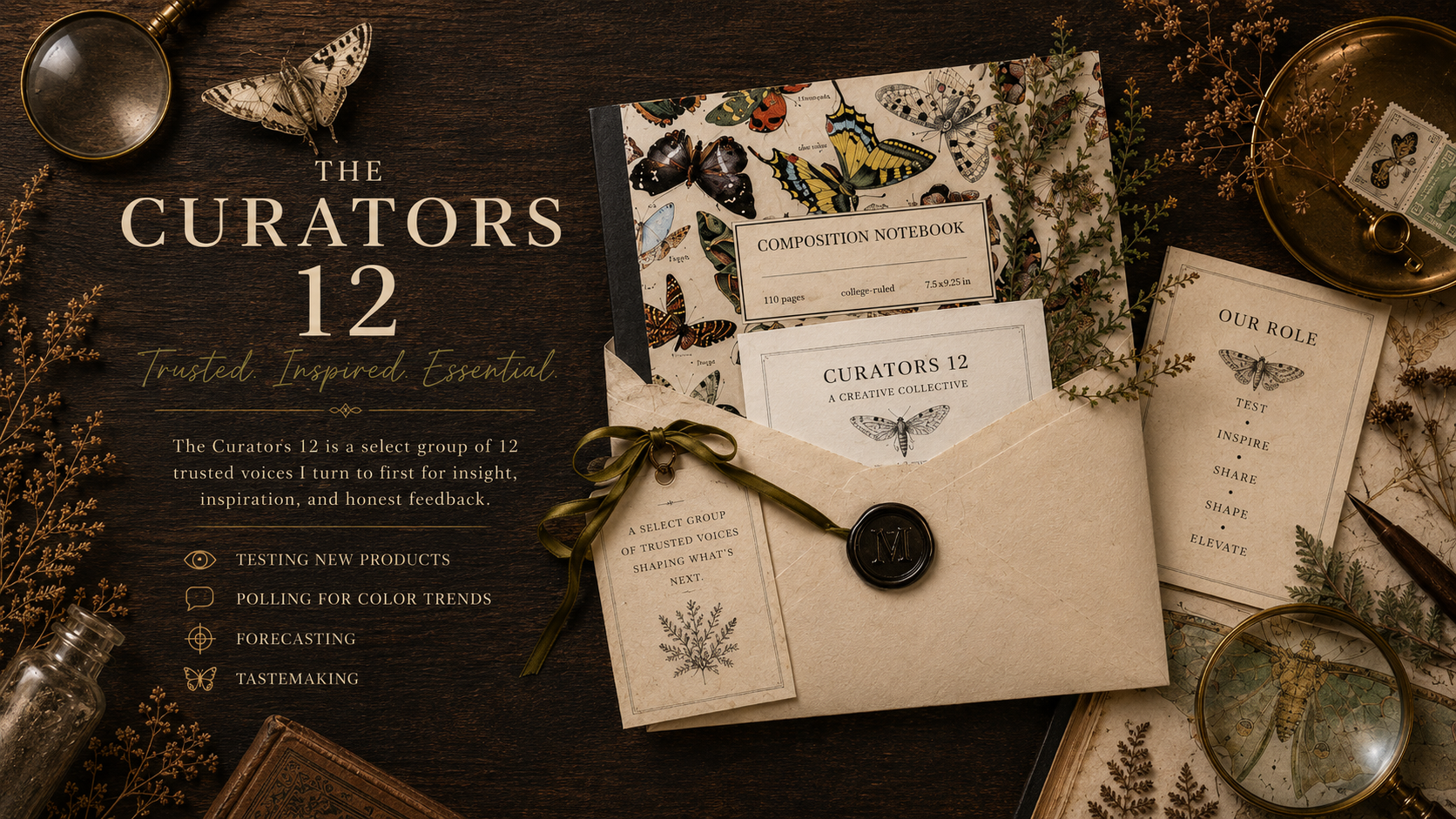 A flat lay of vintage-inspired stationery and botanical items, including an open notebook with butterfly illustrations, a sealed envelope with a wax stamp, a magnifying glass, and small jars, all arranged on a dark wooden surface. The text overlay reads 'The Curators 12 Trusted. Inspired. Essential,' with a description of a select group of trusted voices offering feedback for testing products, color trends, forecasting, and tastemaking.