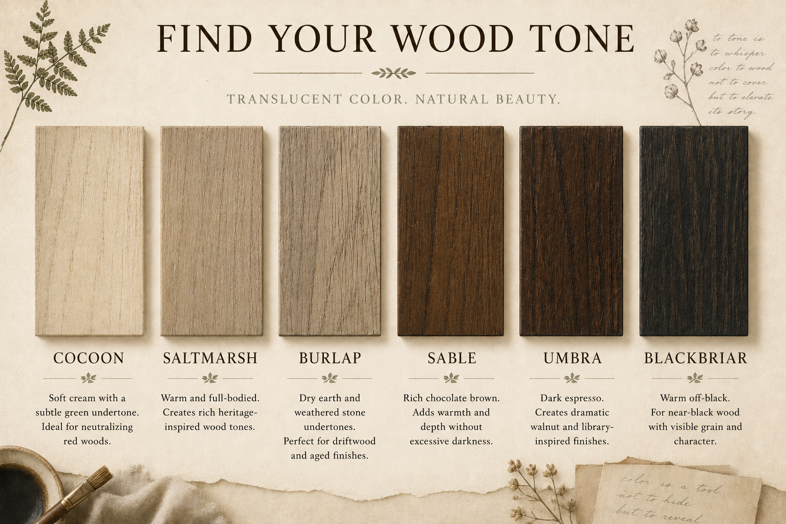 Wood tone guide displaying Cocoon, Saltmarsh, Burlap, Sable, Umbra, and Blackbriar as wood stains and toners on natural wood sample boards.