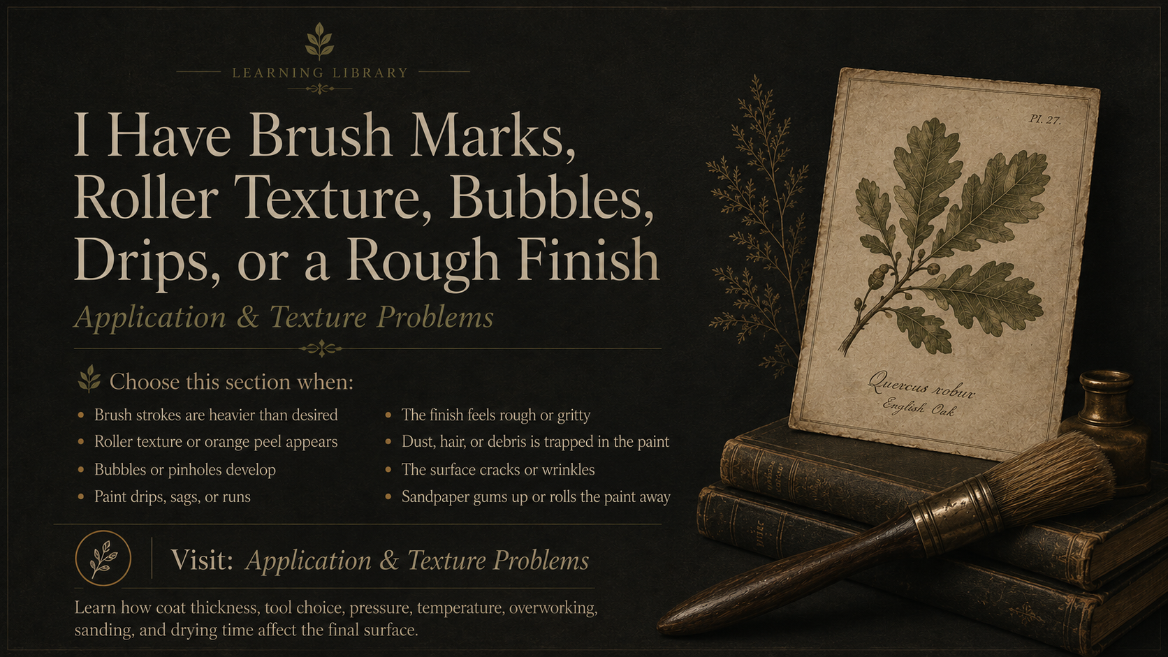 A dark-themed informational graphic from Learning Library titled "I Have Brush Marks, Roller Texture, Bubbles, Drips, or a Rough Finish." It provides guidance for identifying surface problems during painting, with tips on trouble signs like heavy bru