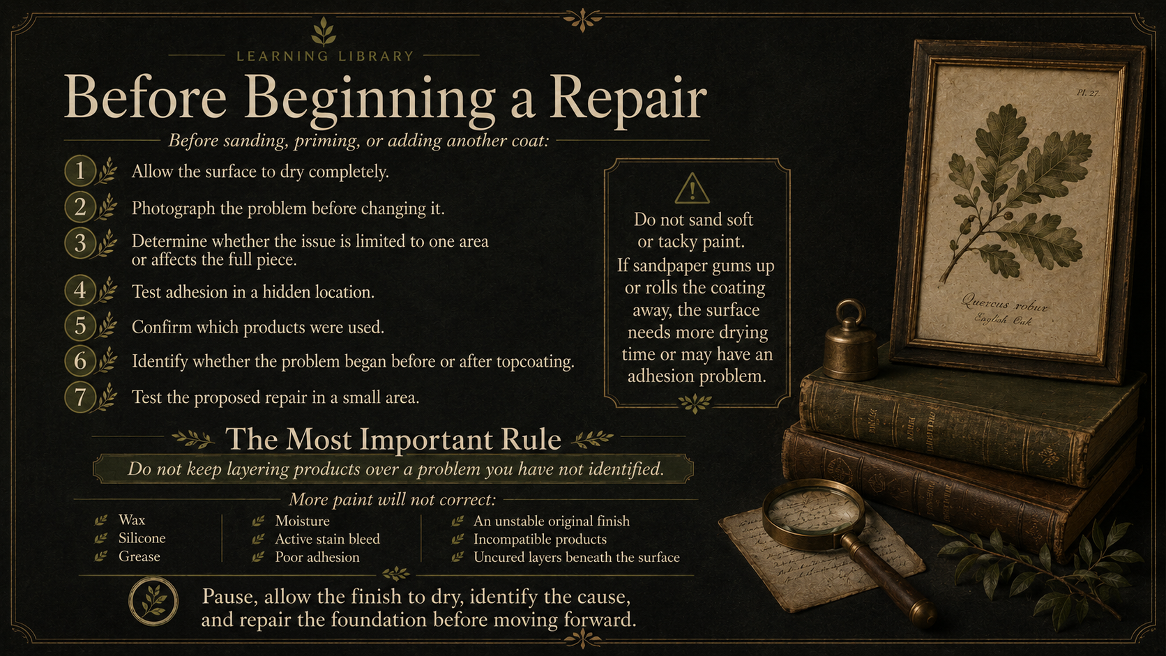 Instructional poster on preparing a surface for repair, featuring steps such as drying the surface, photographing the problem, testing adhesion, and testing repair. The poster has a vintage design with books, a framed leaf illustration, a magnifying 