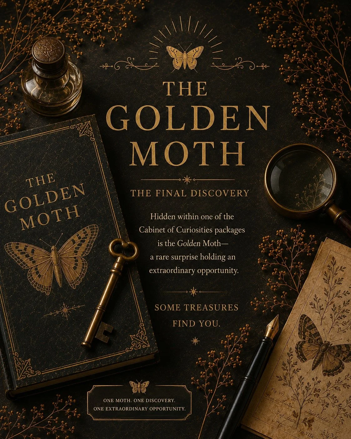 A dark thematic flat lay with a book titled 'The Golden Moth,' a magnifying glass, a vintage key, a fountain pen, a glass ink bottle, and dried decorative plants, all in a gold and black color scheme, promoting a discovery story about the rare Golden Moth.