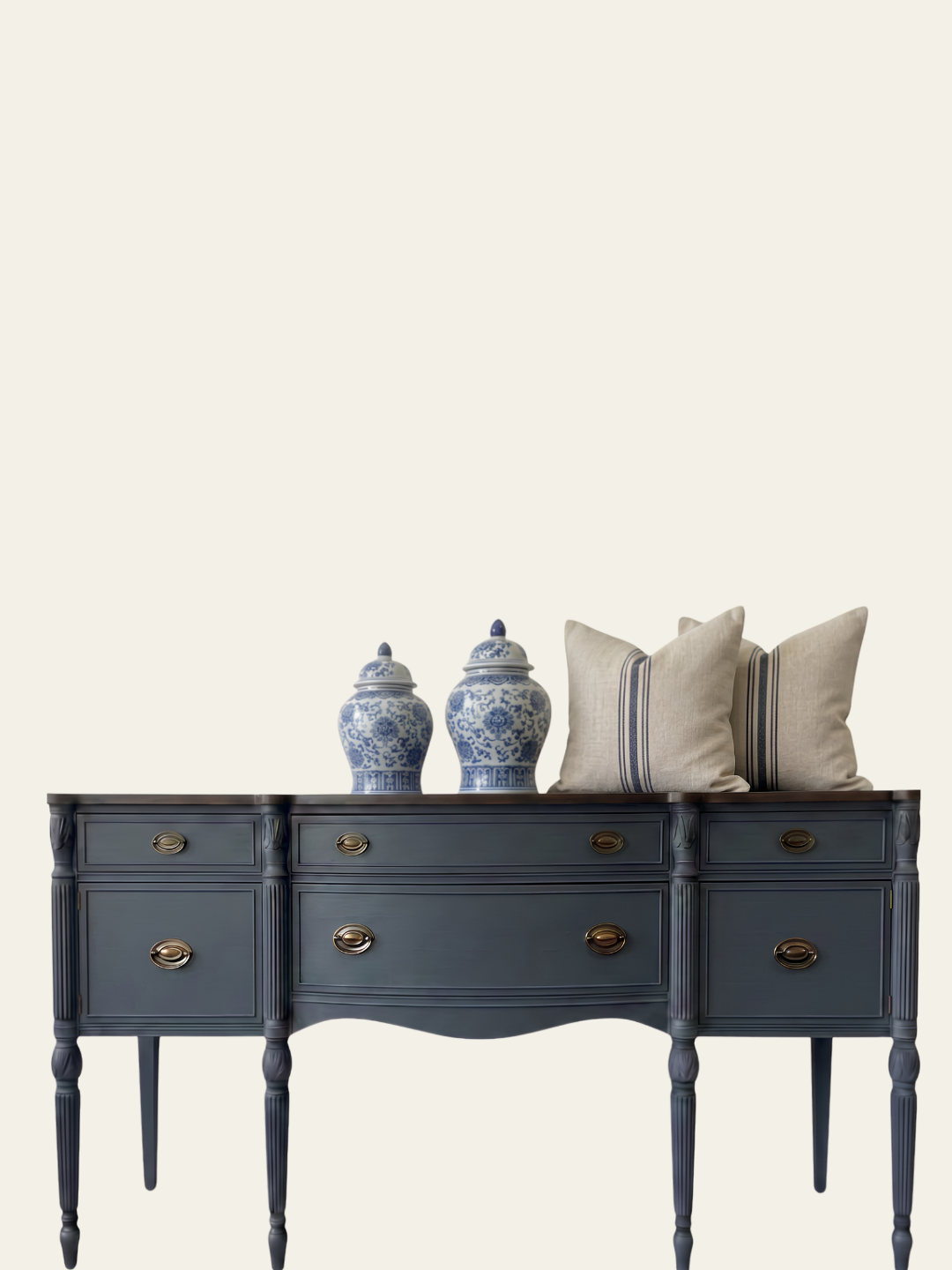 Furniture painted in Indigo by Mélange Paints, a softened navy furniture paint.