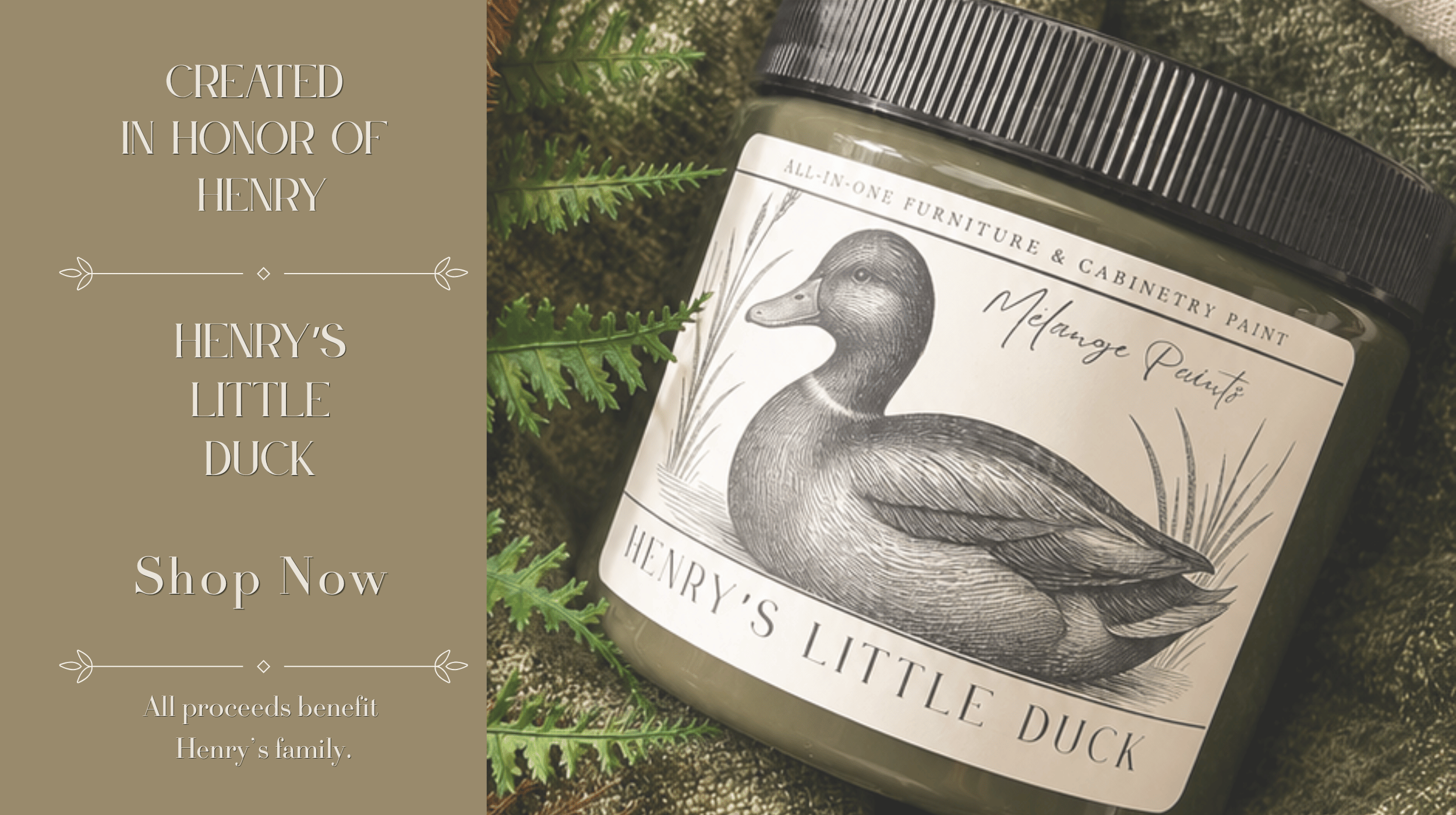 A jar of Henry's Little Duck furniture and cabinetry paint placed on mossy ground with green fern leaves surrounding it, displaying a black and white illustration of a duck on the label.