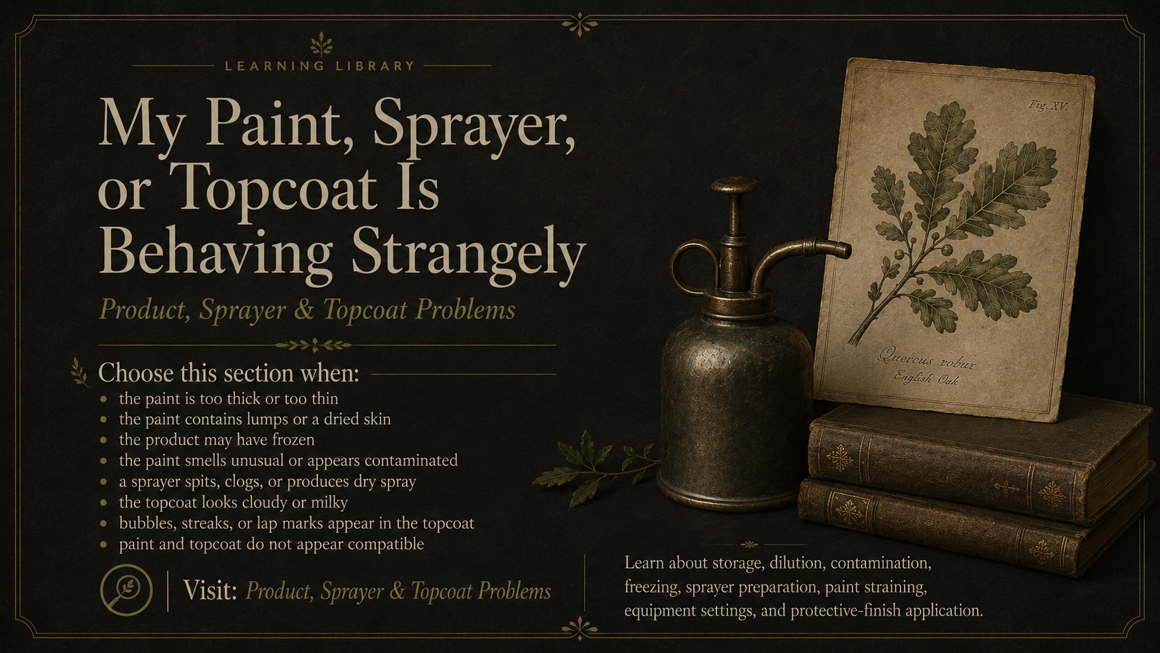 An educational infographic about choosing between paint, spray, or topcoat when they behave strangely. It features an antique oil can, a botanical print of English Oak, and stacked vintage books on a dark background.