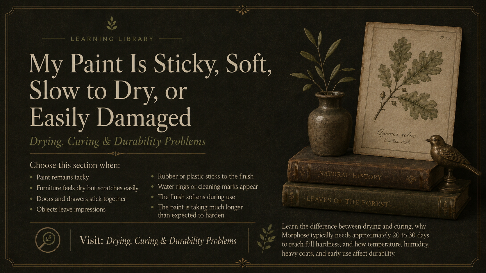 Poster about paint durability, featuring a vase with green leaves, a vintage book, an illustrated book page of oak leaves, and a decorative bird figurine.