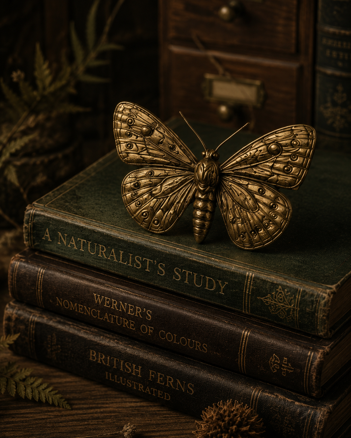 A vintage brass butterfly sculpture resting on three old hardcover books titled "A Naturalist's Study," "Werners Nomenclature of Colours," and "British Ferns Illustrated."