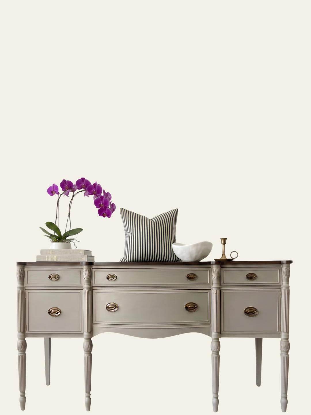 Furniture painted in Lunaria by Mélange Paints, a soft greige furniture paint.