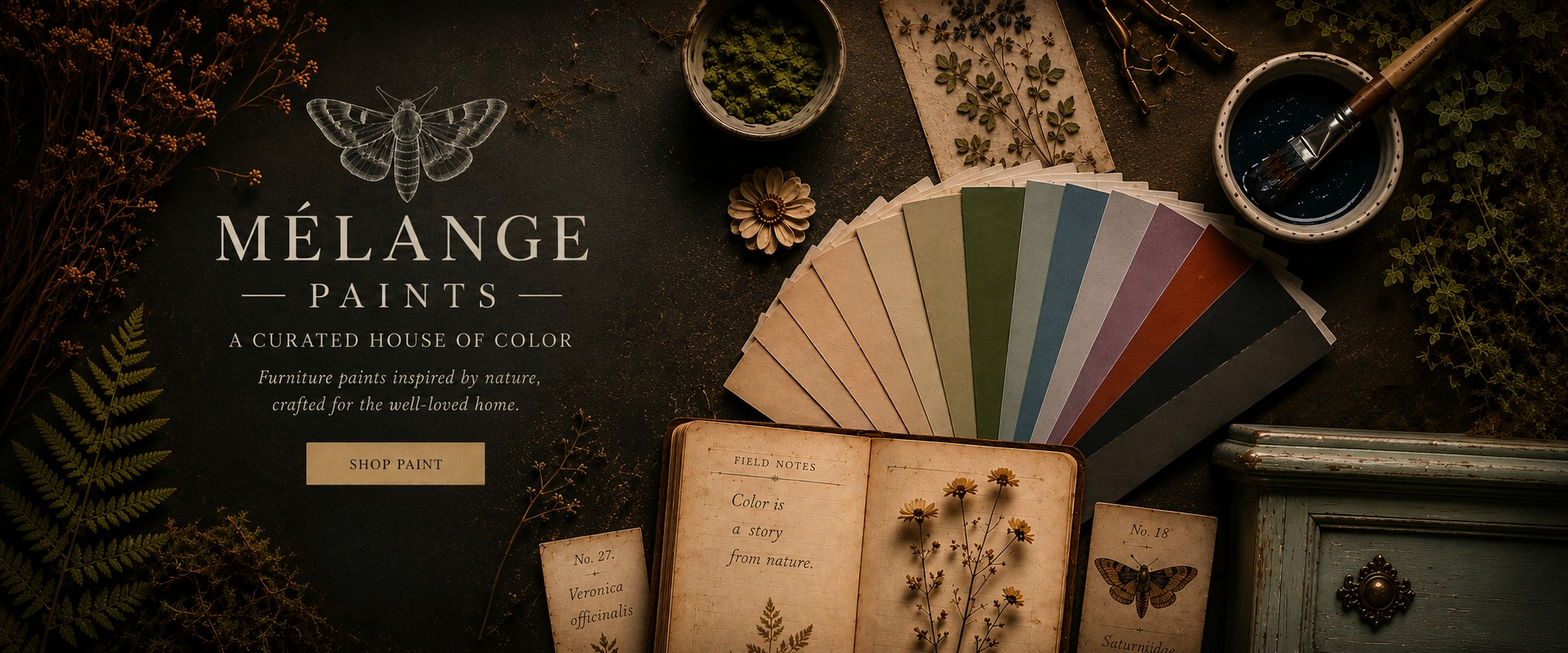 Display of furniture paint swatches in various colors, an open vintage book with botanical illustrations and notes, a bowl of green paint, a paintbrush in a cup, and decorative plants and flowers on a dark surface, promoting Melange Paints for home decor.