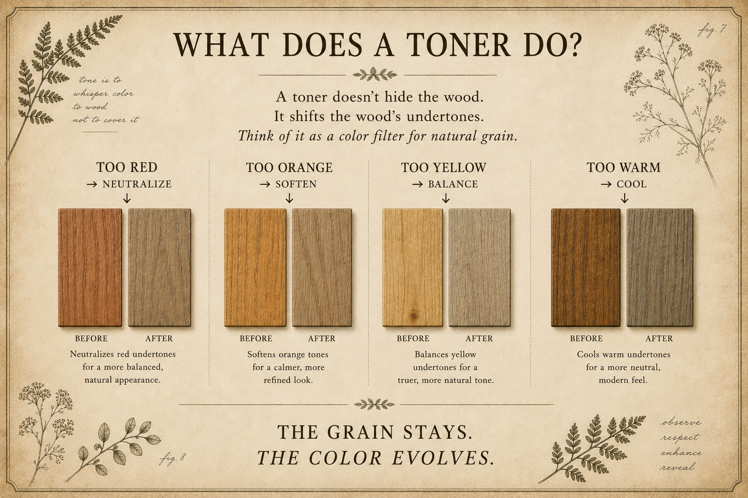 Educational guide showing how wood toners neutralize red, soften orange, balance yellow, and cool warm wood tones while maintaining visible grain.