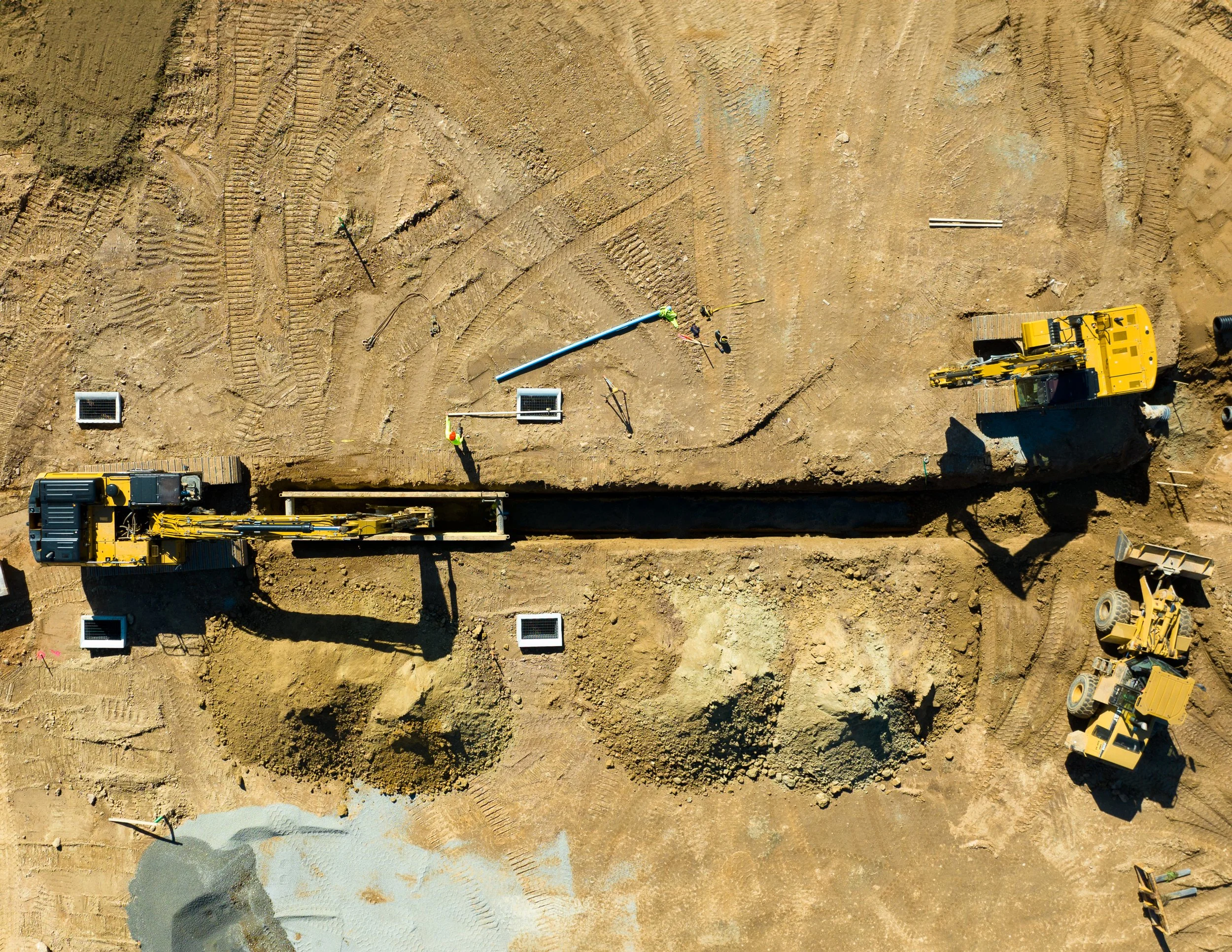 Aerial view of our pipe crew installing sanitary force main in at the Brandywine Farms project.