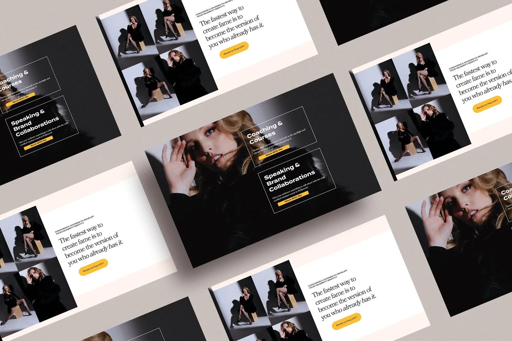 Multiple digital marketing webpage mockups displaying promotional content about coaching and courses, featuring images of women, with call-to-action buttons in yellow, set on a variety of dark and light backgrounds.