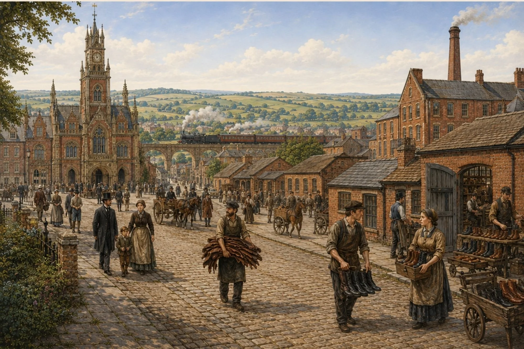 Artist impression of Georgian and Victorian Northamptonshire market place with clock tower, traders, shoe makers and a steam train on a bridge in the background