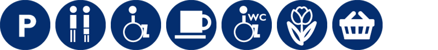 Symbols showing parking, toilets, accessible toilets, wheelchair access, refreshments, gardens and shop