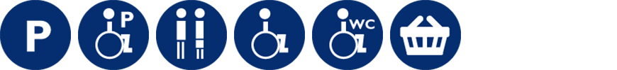 Icons showing parking, disabled parking, toilets, disabled access and toilets and a shop
