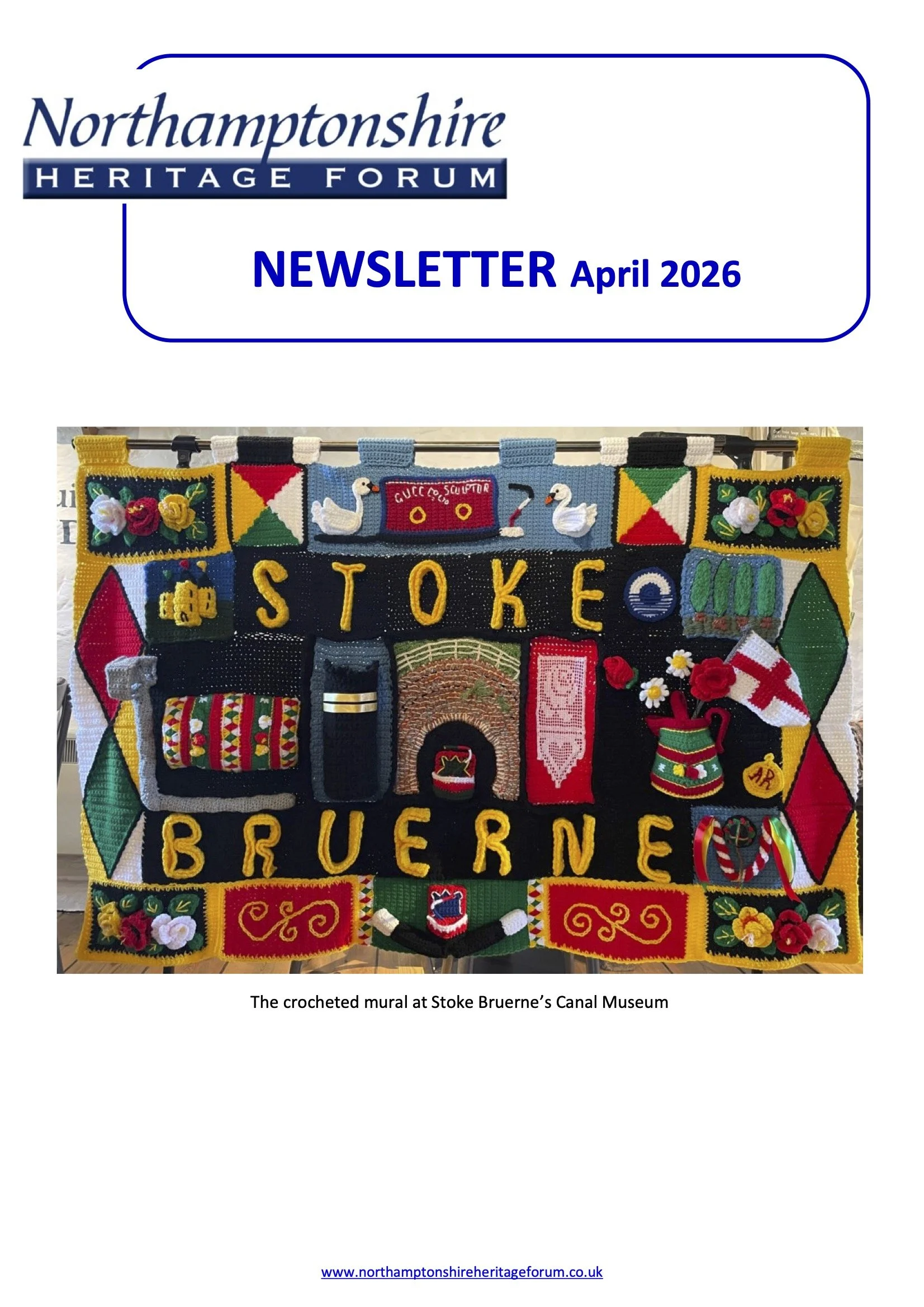 April 2026 cover image featuring the crocheted mural at Stoke Bruerne Canal Museum