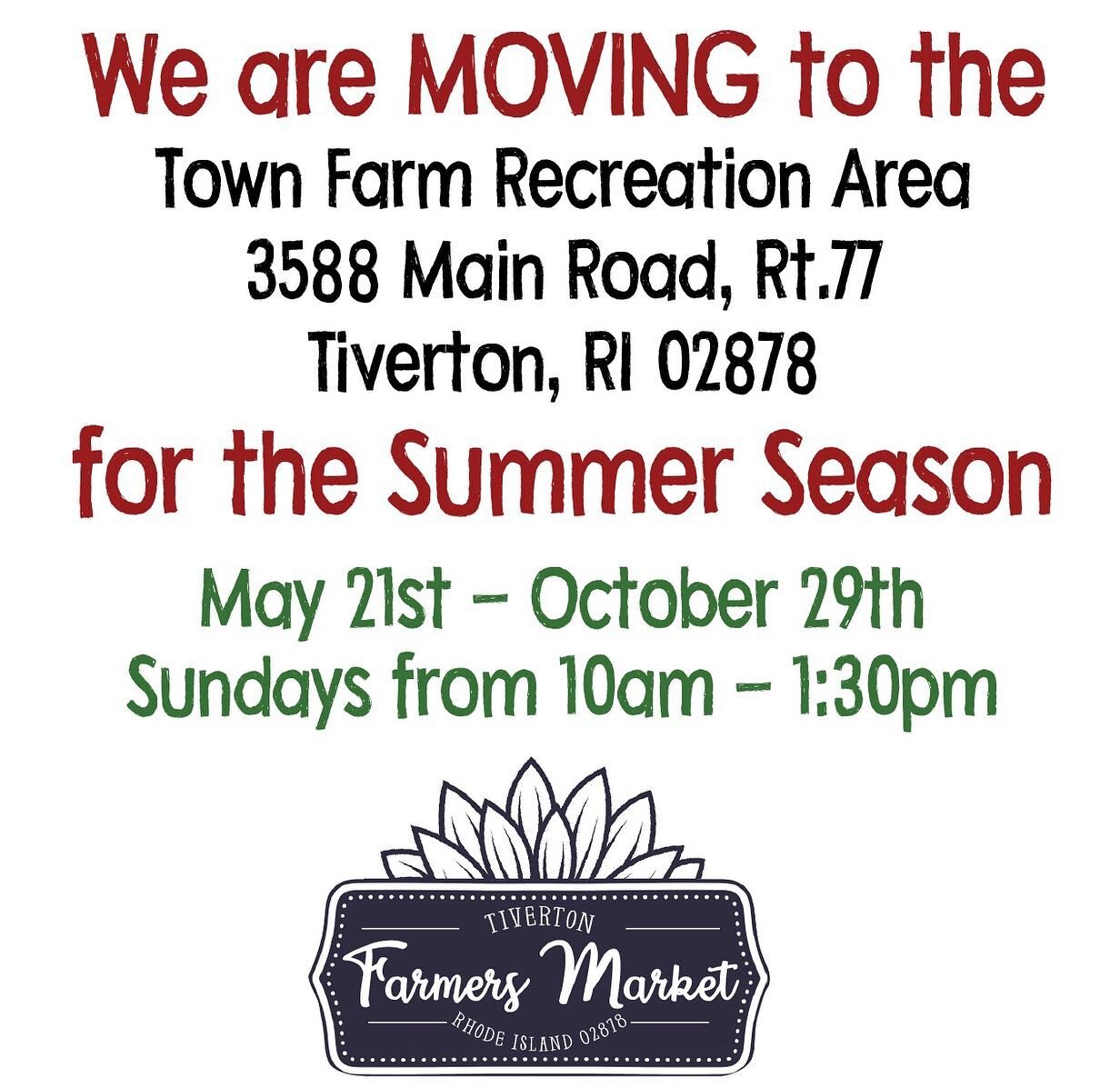 We are Moving outside to our NEW location this Sunday, May 21st
Sundays ~ 10am - 1:30pm. Join us!!!

Location: 
Town Farm Recreation Area, �3588 Main Road, RI-77, Tiverton, RI 02878