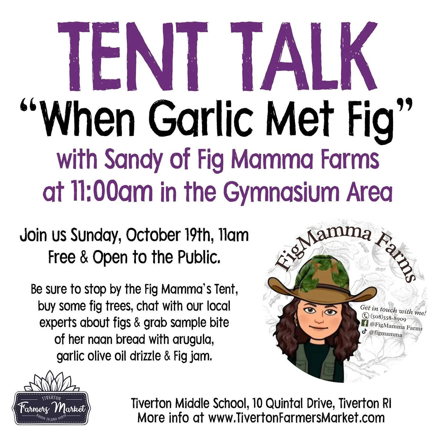 Join us this Sunday for a TENT TALK, “When Garlic Met Fig” with Sandy of @figmamma Farm. She will be set up in the gym area at 11:00am. Learn more about figs and how Garlic met Fig! She will also have a tent set up with fig trees, info an