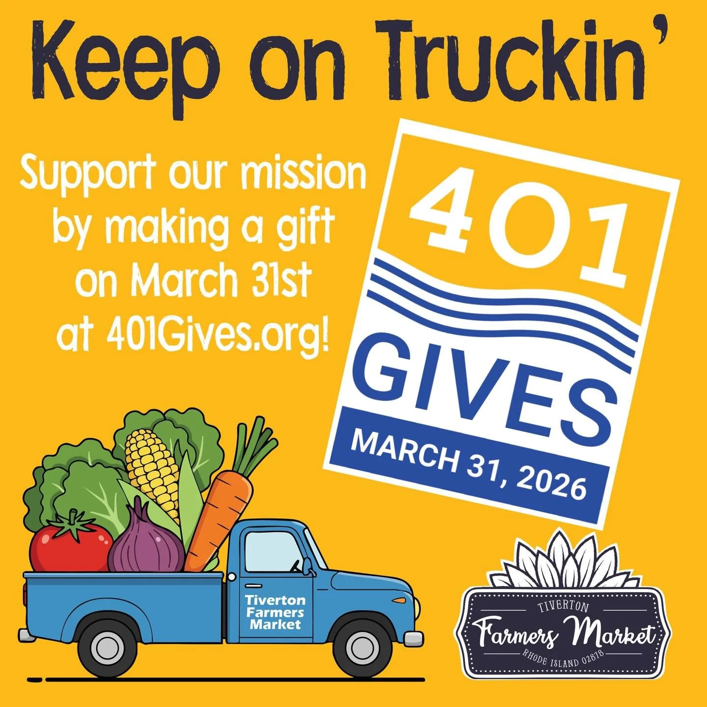 MARK YOUR CALENDARS! Rhode Island&rsquo;s biggest day of giving is almost here. The Tiverton Farmers Market is proud to participate in @401gives campaign this year. 

This year, the movement starts a day early to honor Passover, running from March 31
