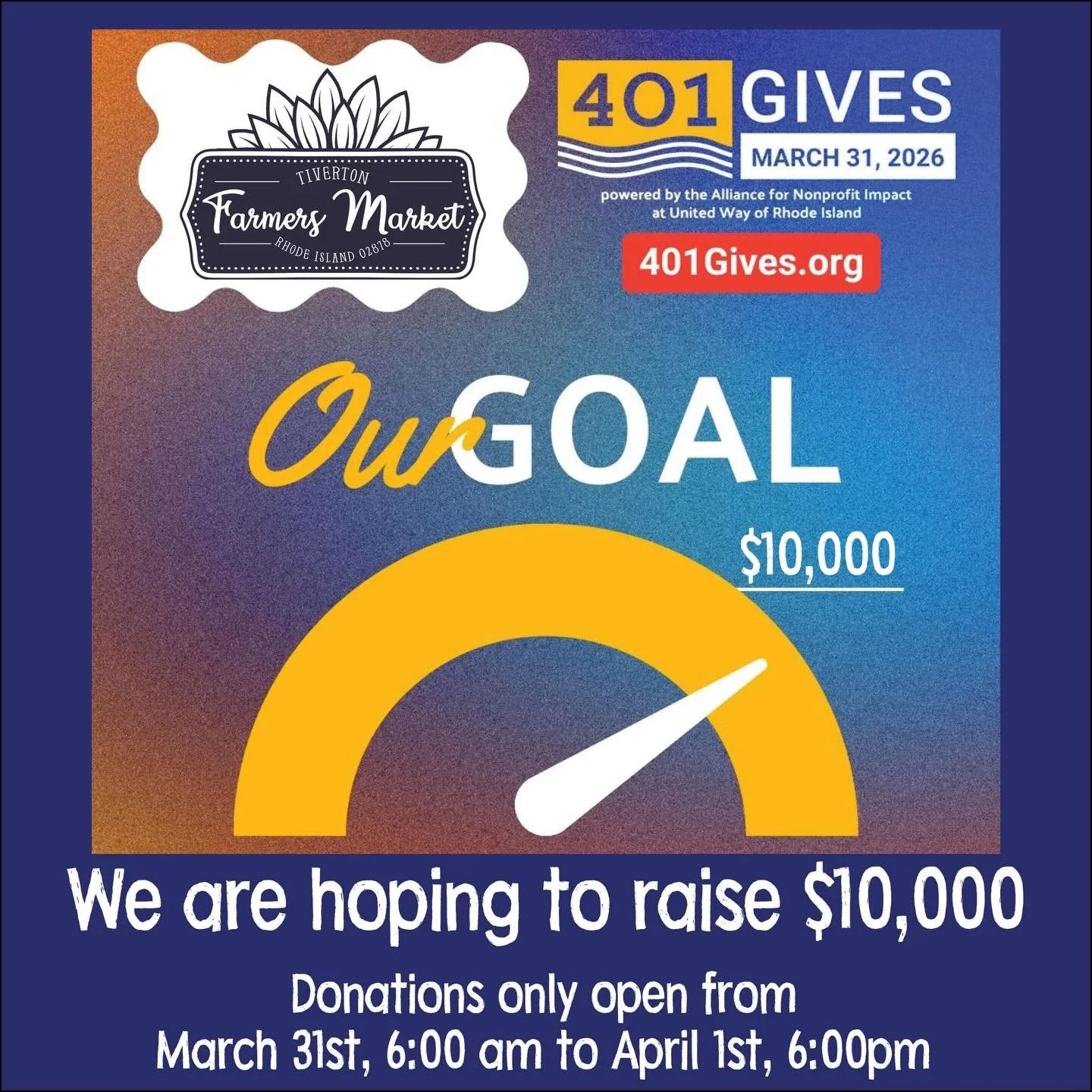 IT&rsquo;S LIVE! 🚀 401Gives is officially happening right now! For the next 36 hours, every dollar you give to the Tiverton farmers Market makes a direct impact on our local community.

Why give today? Well, you can &hellip;.

✅ Double Your Impact: 