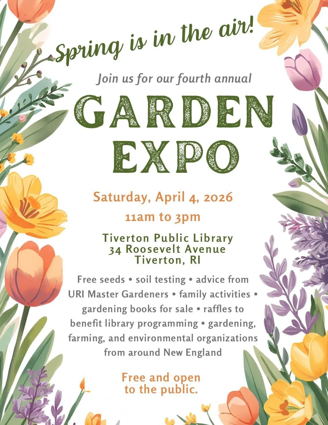 Join us this Saturday, April 4th and many other local entities for the Tiverton library&rsquo;s 4th annual Garden Expo.

🍃FREE event
🍃featuring free seeds
🍃soil testing/advice from URI Master Gardeners
🍃gardening books for sale
🍃a raffle to bene
