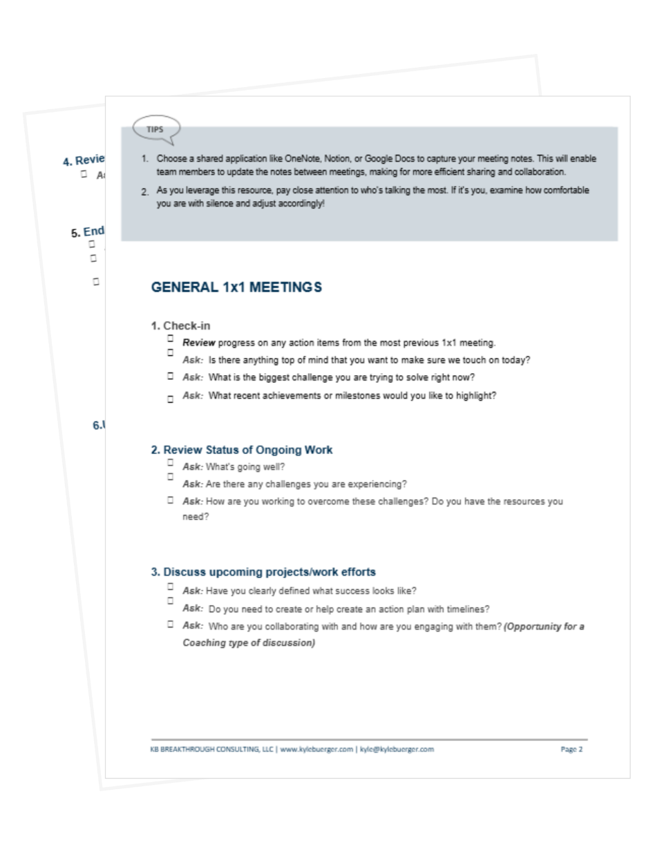 A printed meeting agenda with tips on capturing meeting notes, reviewing ongoing work, and discussing future projects; includes checklists and prompts for team discussions.