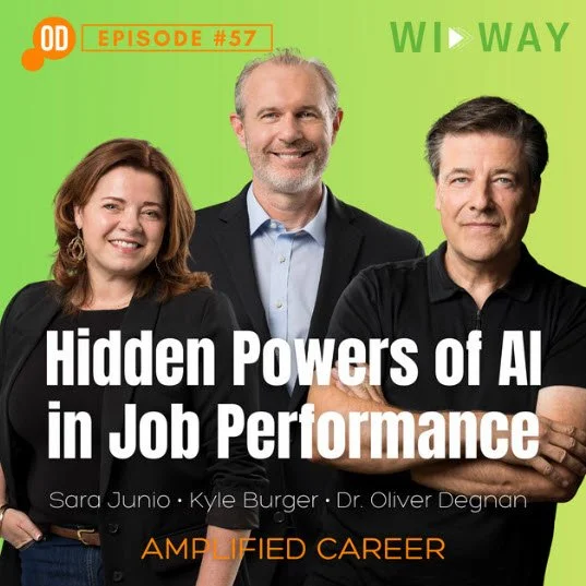 Three smiling people standing together against a green background with text overlay saying "Hidden Powers of AI in Job Performance" and episode information. 